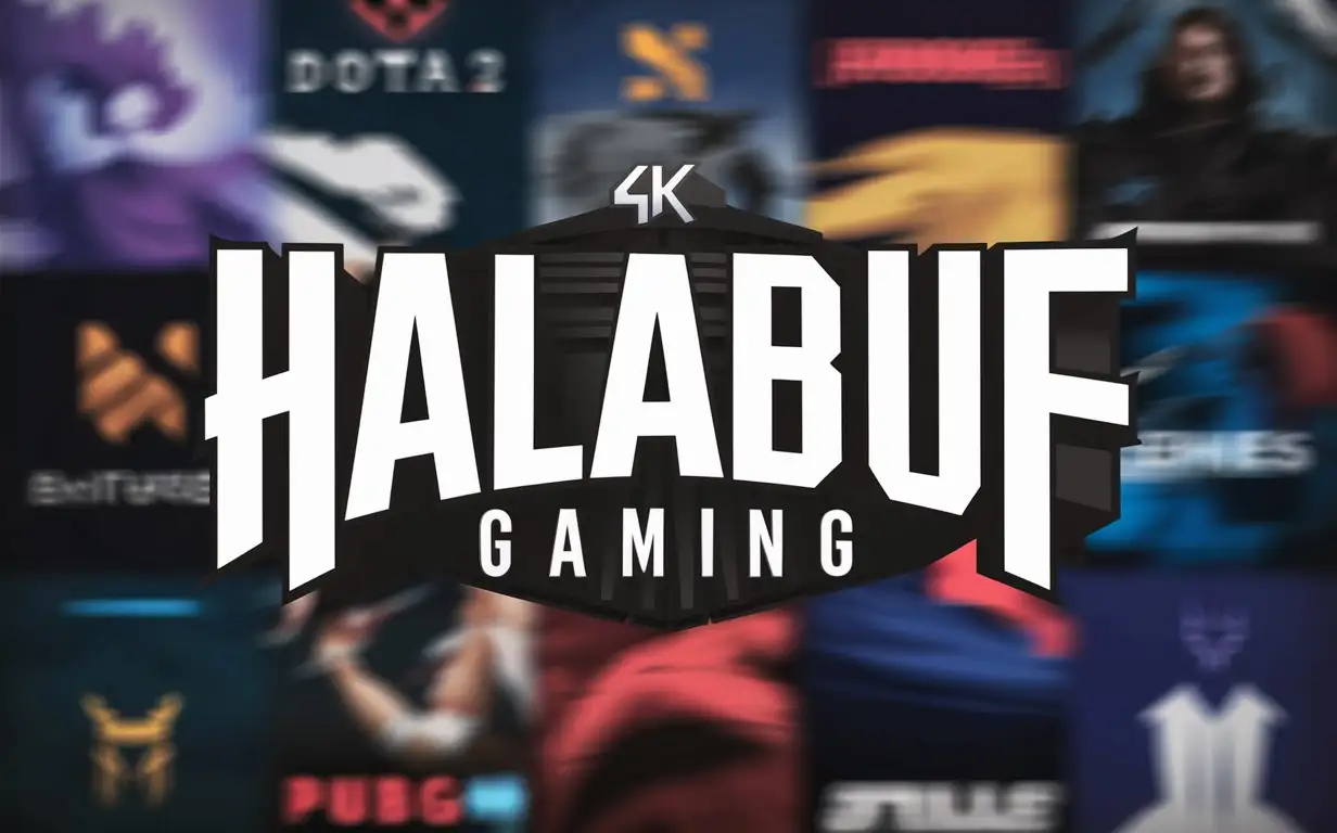 лого HALABUF GAMING полноценно толстым текстом на фоне разных игр из стима,с разными героями популярных игр,4к ксго дота пабг