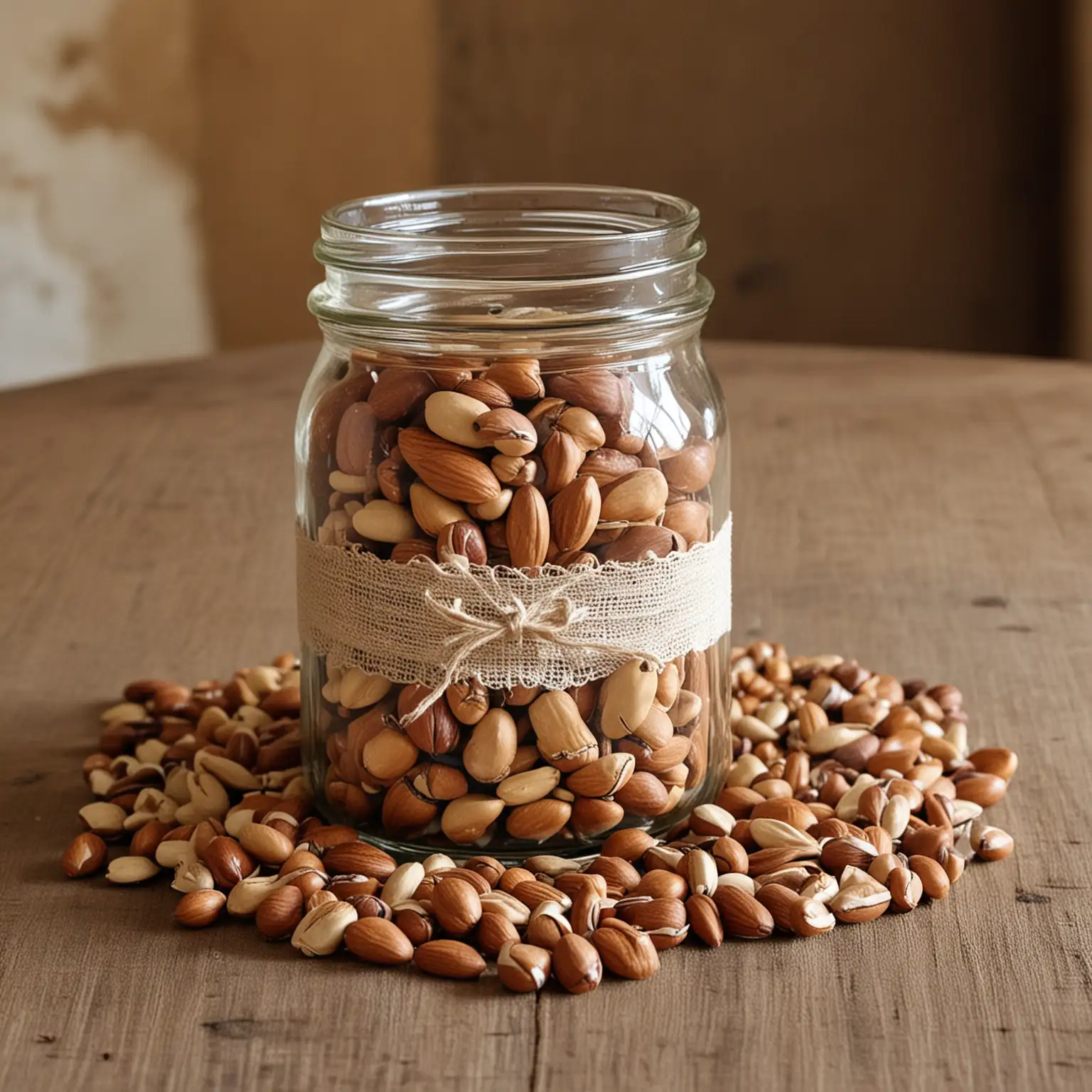a rustic wedding centerpiece with a jar filled with nuts