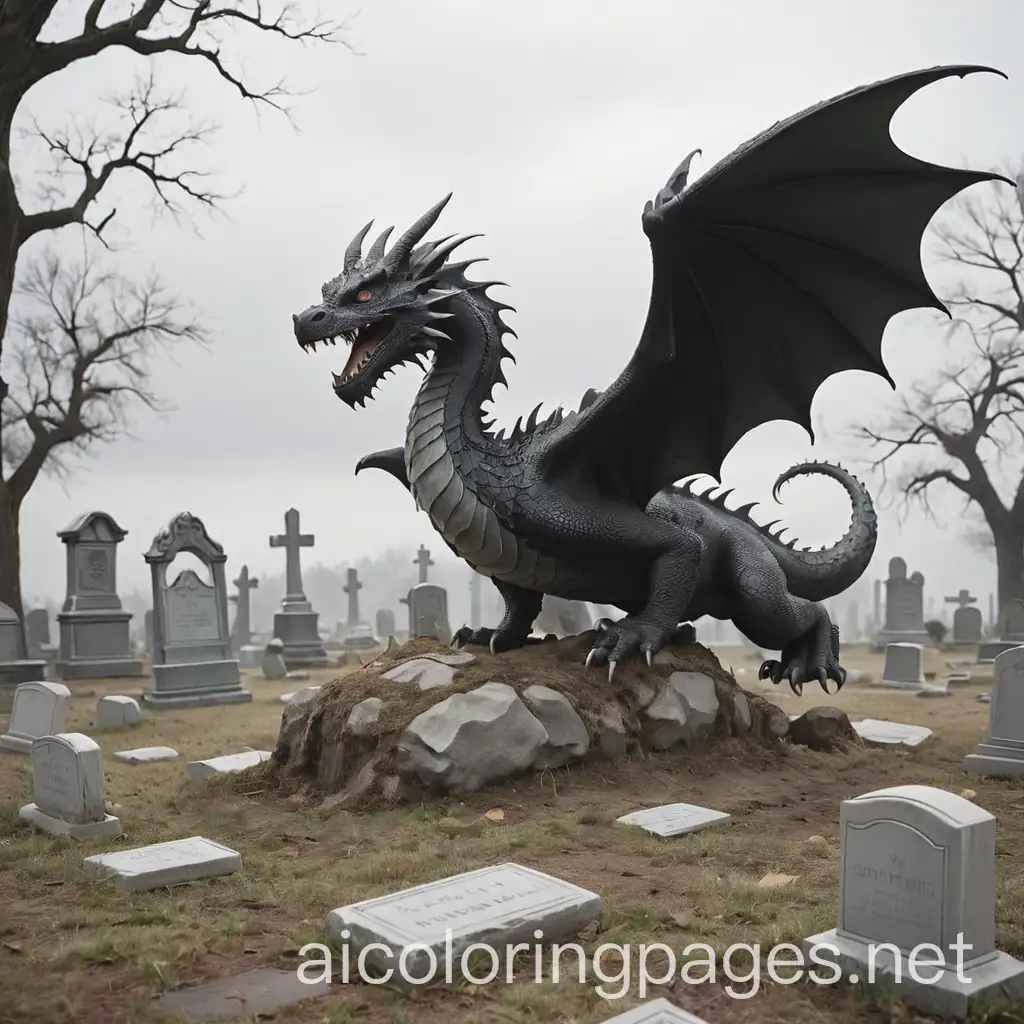 dragon flying over grave yard with tombstones, Coloring Page, black and white, line art, white background, Simplicity, Ample White Space