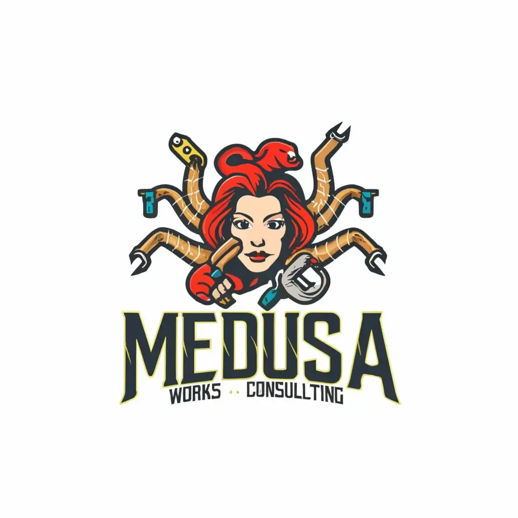 a logo design,with the text "Medusa Works and Consulting", main symbol:Medusa head, the snakes extremities holds Repair tools such as adjustable wrenches, screwdrivers, hammers, pliers, tape measure, notebook for taking notes,complex,clear background