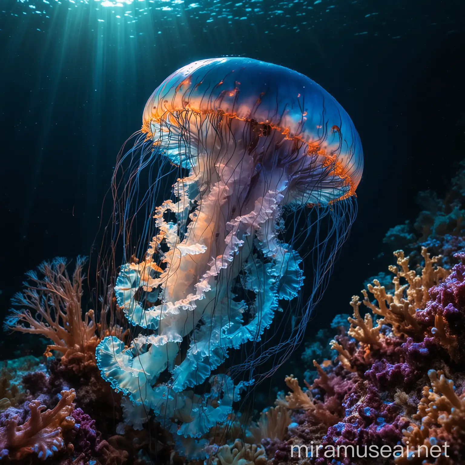 Colorful Jellyfish Swimming in Deep Sea Among Coral Reef