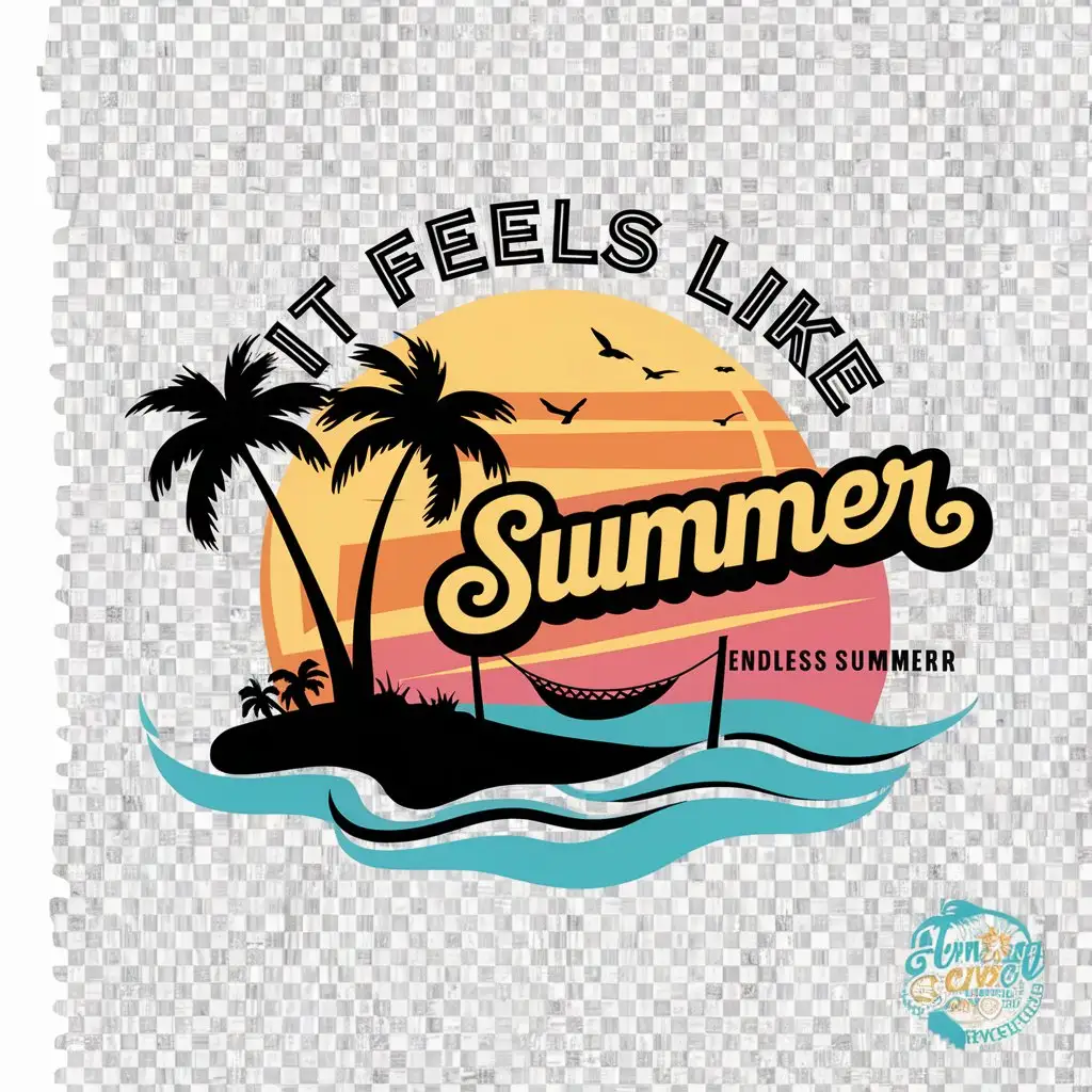 a logo design,with the text "It Feels Like summer", main symbol: Central Image: A silhouette of a palm tree on a small island in the foreground. Additional Elements: A hammock hanging between two palm trees, Gently lapping waves against the shore, Seagulls flying in the distance. Text: "Endless Summer" in a retro, cursive font. Place the text at the top or integrated into the image, perhaps arched above the sun. Color Palette: Bright and warm colors like yellow, orange, pink, and turquoise to evoke a tropical feel. This design captures the relaxed, carefree essence of summer, perfect for a fun and stylish summer t-shirt. Transparent background.

(No translation needed as the input is in English),complex,clear background