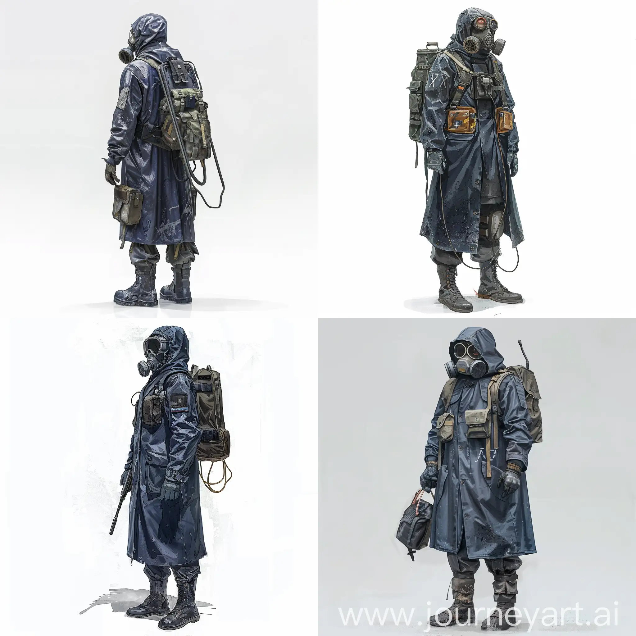 Concept art on a white background, full-length, a mercenary from the universe of S.T.A.L.K.E.R., a mercenary dressed in a dark blue military raincoat, gray military armor on his body, a gas mask on his face, a small military backpack on his back.