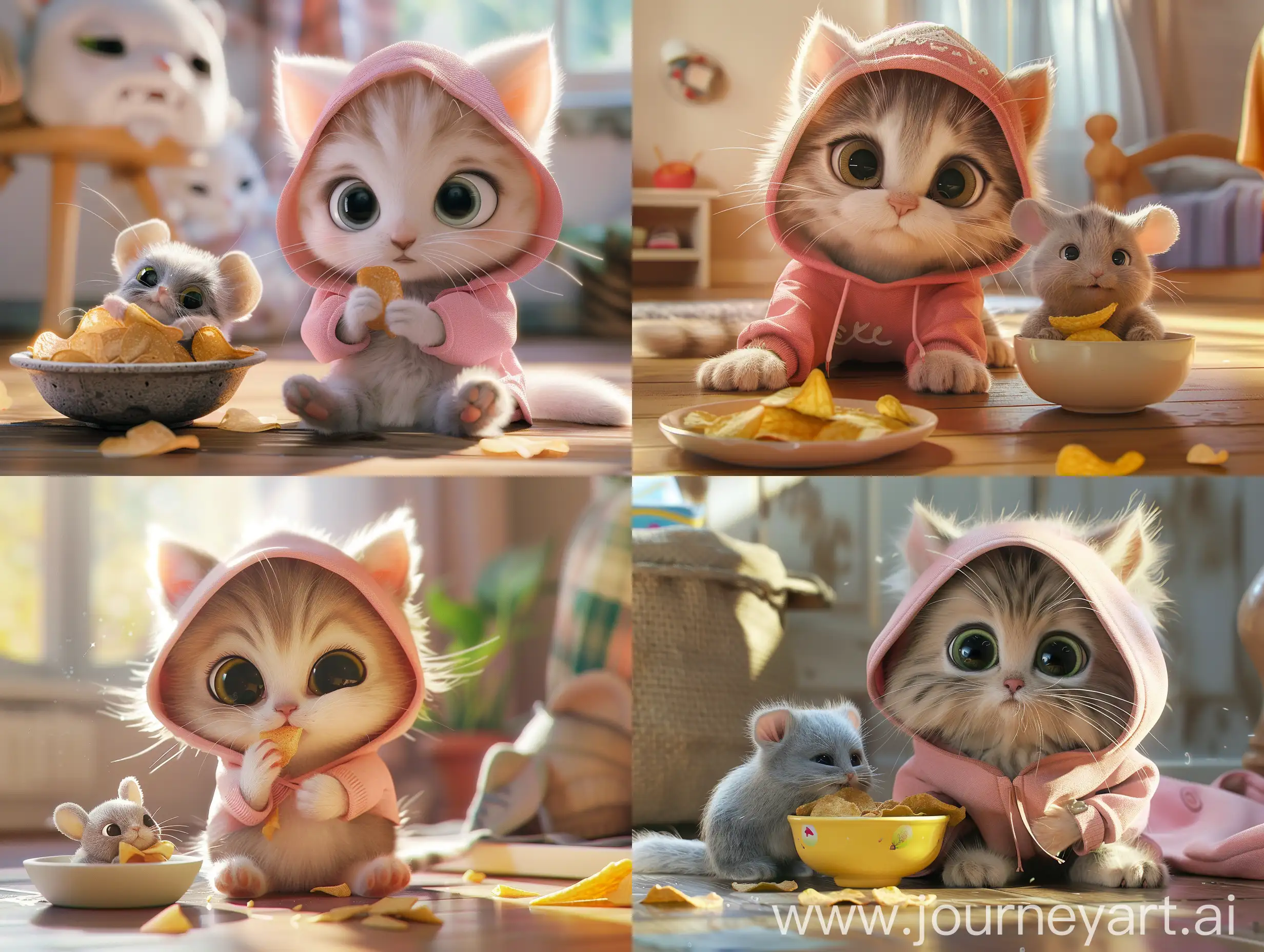 realism, cinematic, Super cute little kitten (white flur) with big expressive eyes, wears a pink hoody and shorts, sunny weather, sitting on the floor at home, hugging a fluffy grey mouse plushie,it  was eating potato chips from the bowl. very cute, warm atmosphere, Pixar studio style
