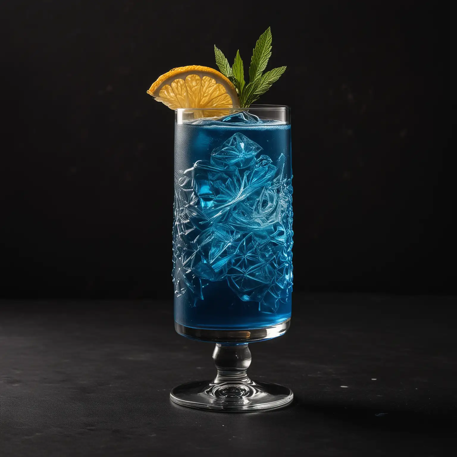 a fancy blue drink with a garnish with a black background