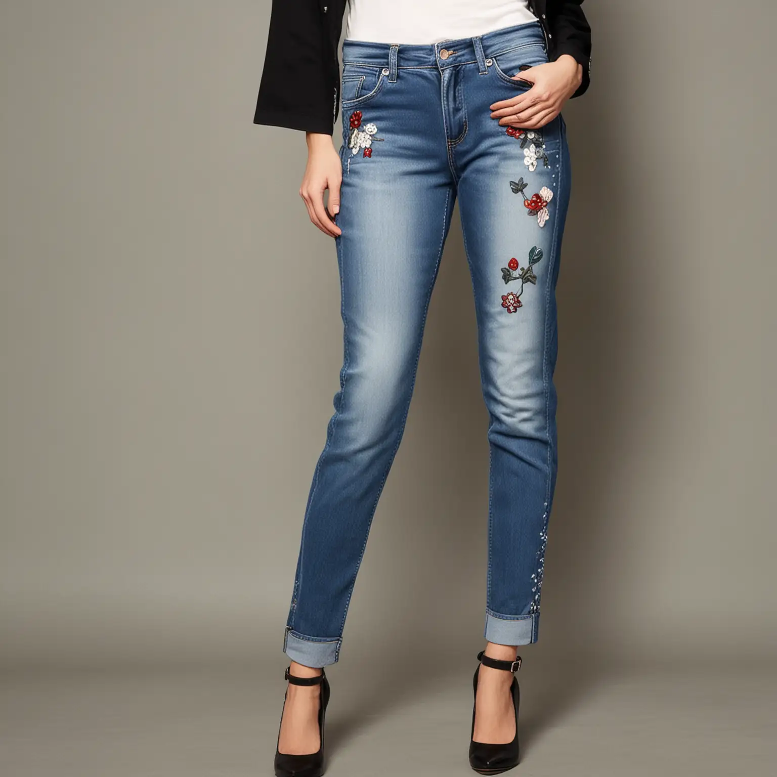 Womens Fashion Stylish Applique Denim Jeans