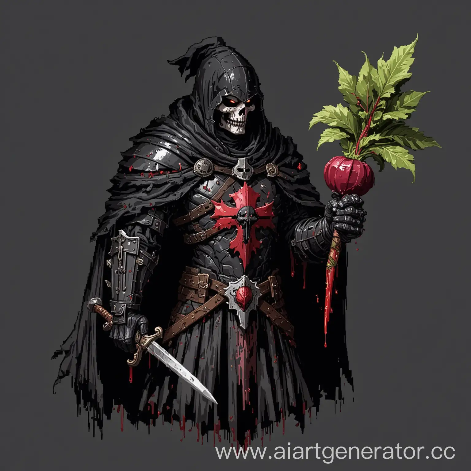 Пиксельный арт, мрачный  рыцарь в черном балахоне, на груди  герб на котором нарисована редиска, в руках окровавленный меч, фона нет