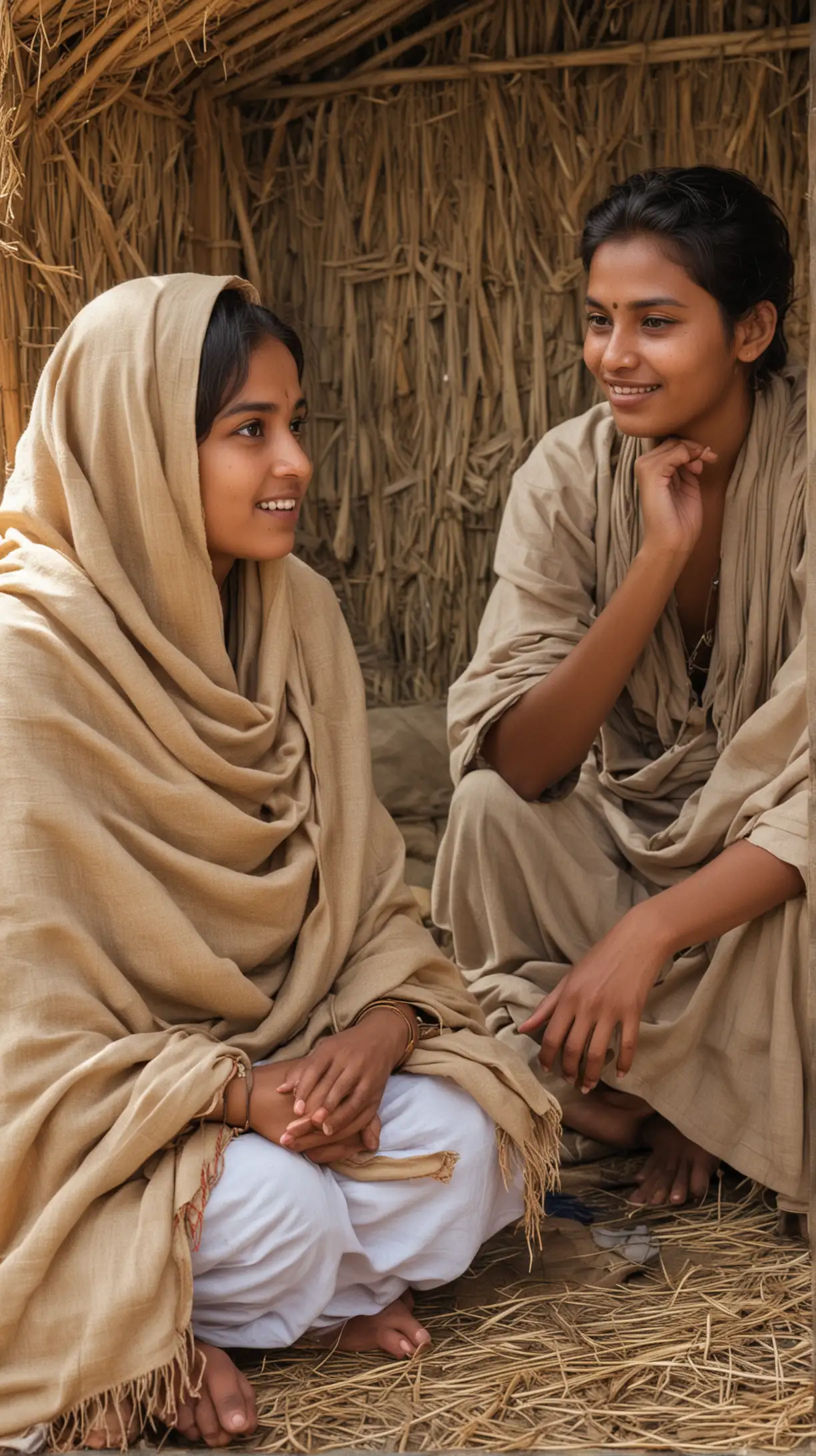 young indian woman in beige pashmina sits down in a straw hut at Ganges, talked to a man 