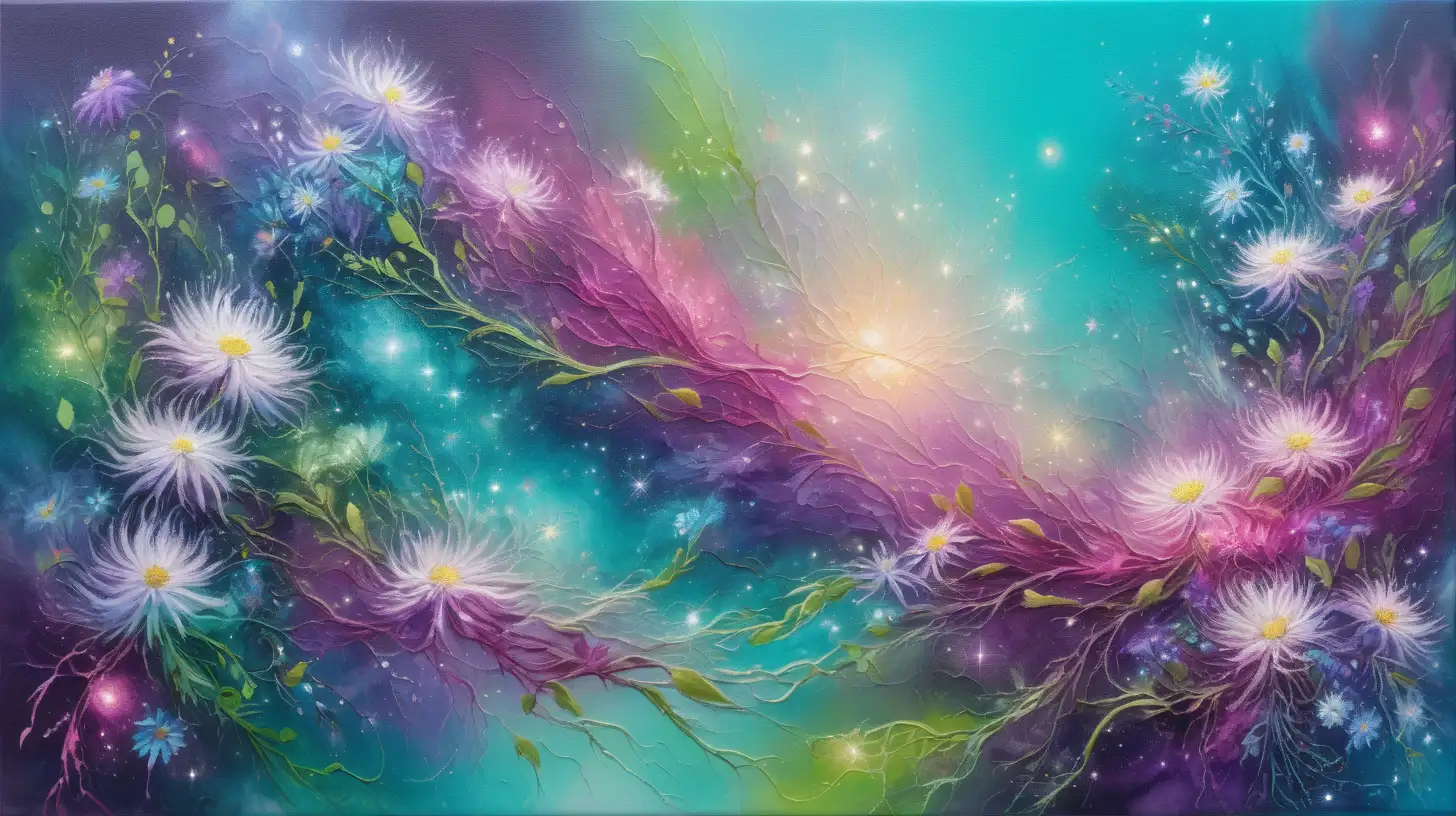 textured oil painting of abstract art of florescent colors of green-mint and pinks and silver and golden-whites in pink dust and a magical magenta florals glowing with luminescent  green vines among blue and purple galaxies and aster with bright turquoise
