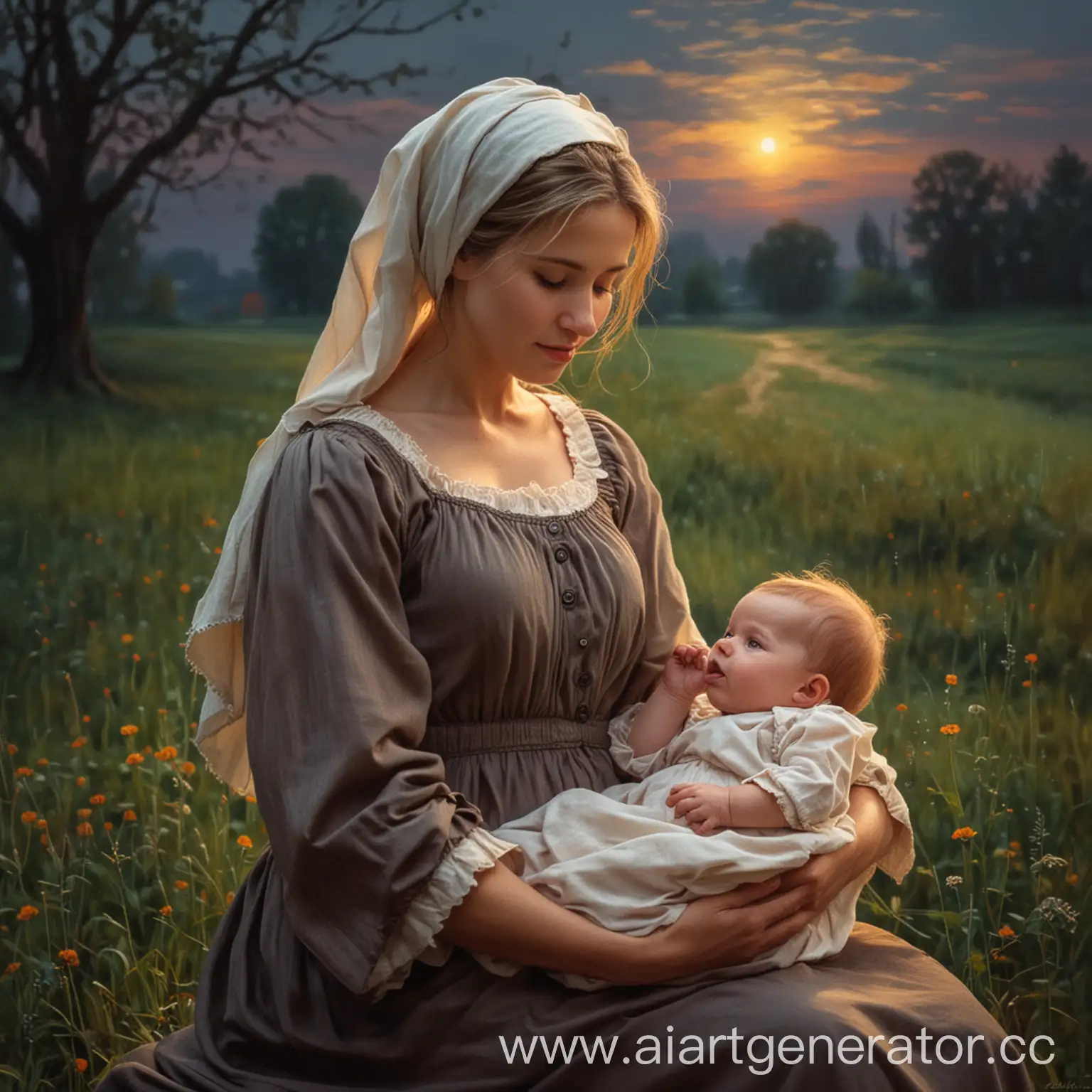 Tranquil-Evening-Stroll-with-Mother-and-Child