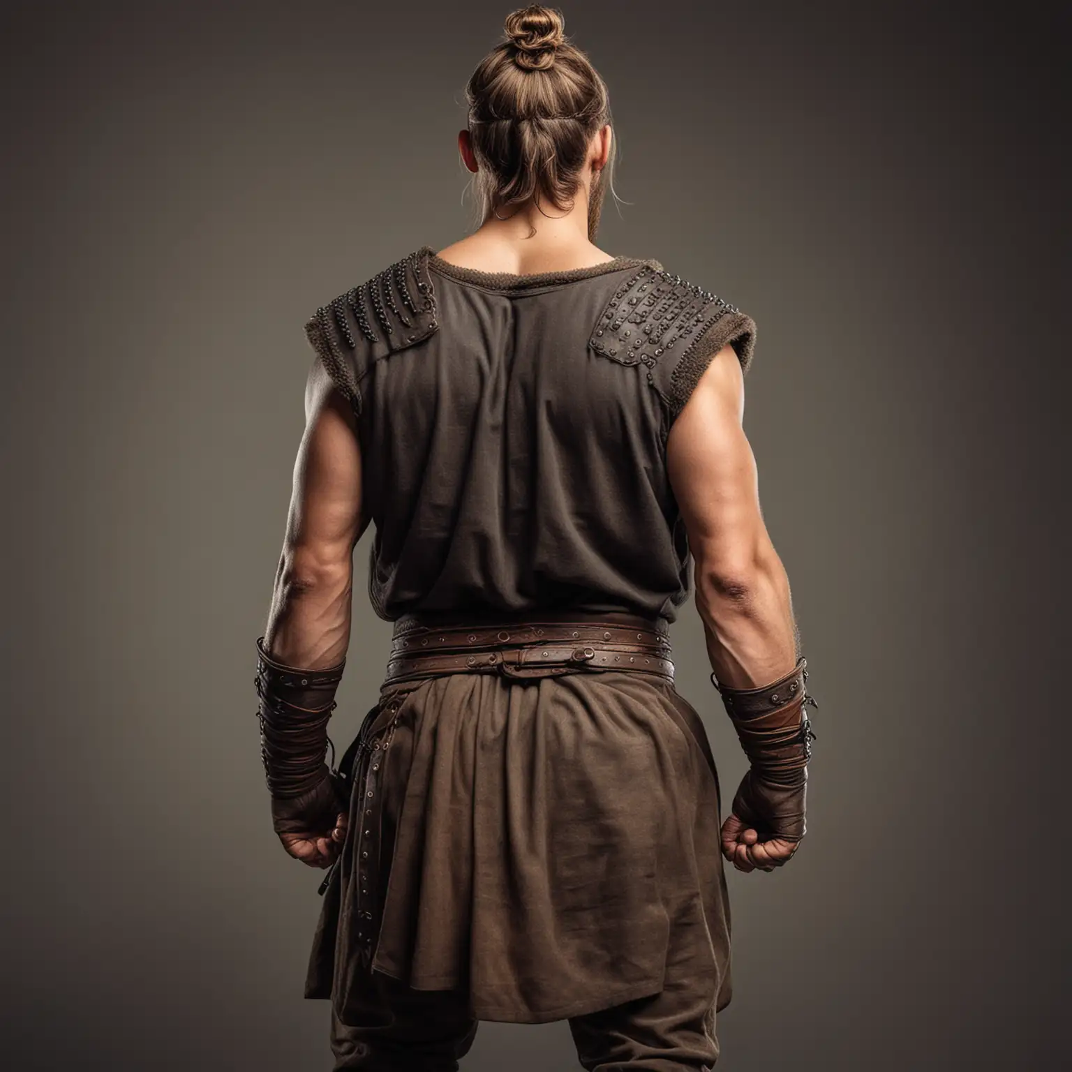 muscular viking warrior, back view, showing no face, short hair tied high man bun, brown hair, full body, warrior clothes