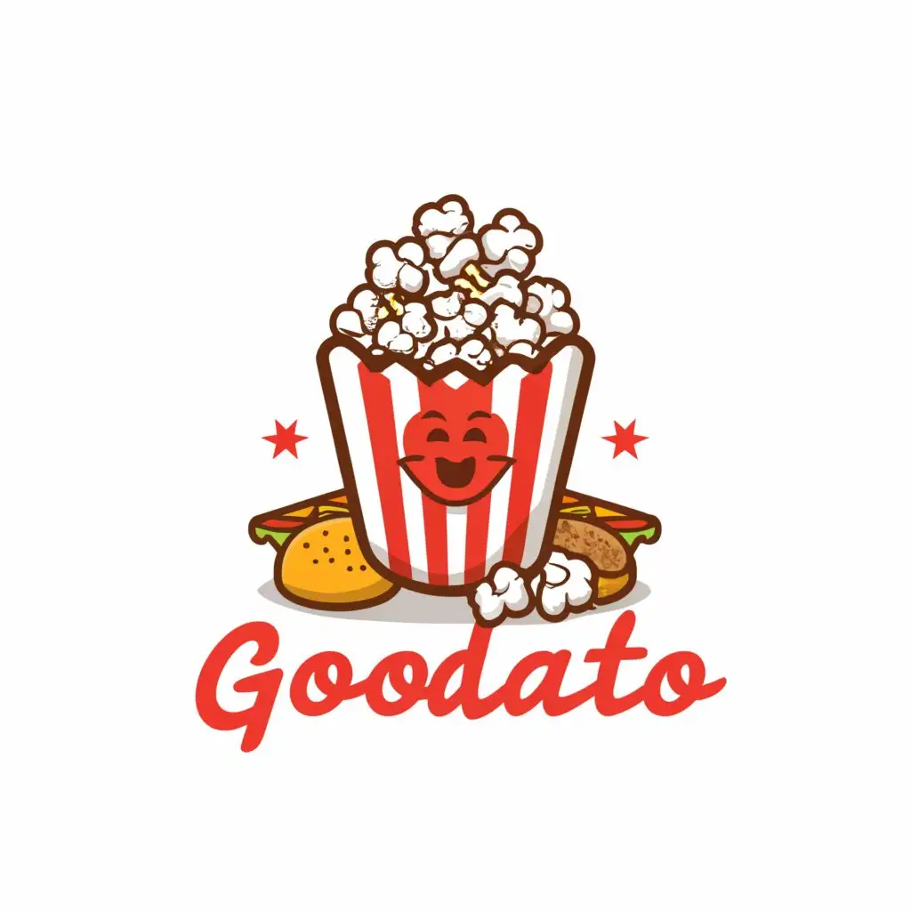 a logo design,with the text "Goodato", main symbol:popcorn, cold drinks, fries, burgers,complex,be used in Restaurant industry,clear background