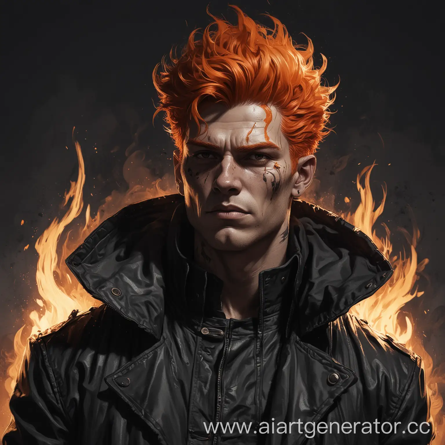 Высокомерный человек с пепельной кожой и огненными волосами в чёрном пиджаке(рисованный стиль)