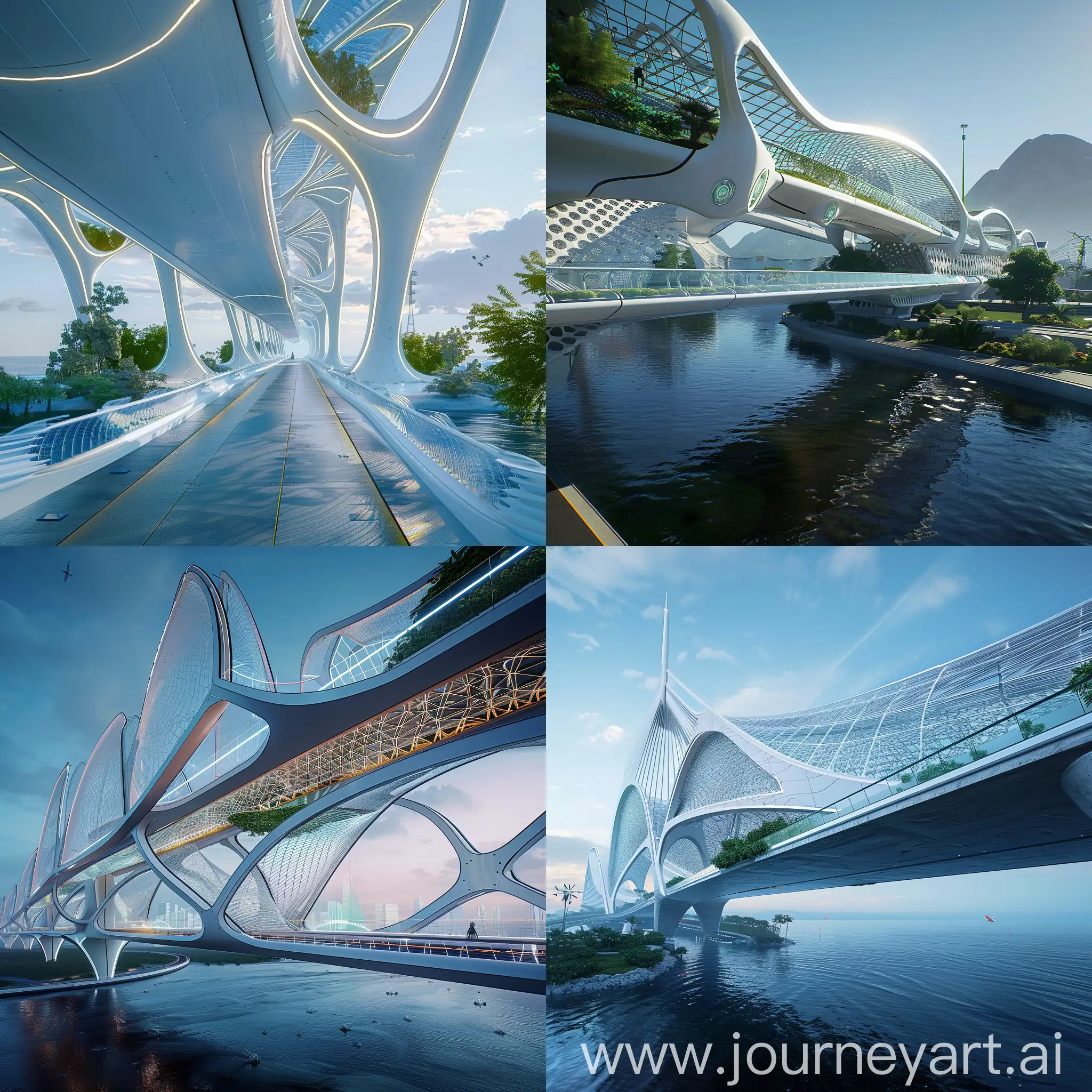Futuristic bridge, in futuristic style, Smart Sensors, Self-Healing Materials, Integrated Energy Harvesting, Advanced Lighting Systems, Dynamic Traffic Management, Integrated Communication Network, Modular Design for Expansion, Greenery Integration, Augmented Reality Navigation, Resilience to Extreme Events, Solar Panels, Dynamic Facade, Wind Turbines, Interactive Art Installations, Green Roofs, Water Harvesting Systems, Transparent Balustrades, LED Art Lighting, Aquatic Habitat Integration, Climate-Responsive Design, Advanced Composite Materials, Honeycomb Structures, Foam Core Sandwich Panels, Tensile Membrane Structures, Additive Manufacturing (3D Printing), Truss Systems, Folded Plate Structures, Carbon Nanotube Reinforcement, Deployable Structures, Variable Cross-Sectional Profiles, Tensile Fabric Canopies, Transparent Nanomaterials, Carbon Fiber Reinforced Polymer (CFRP) Railings, Lightweight Cable-Stayed Supports, Solar-Integrated Photovoltaic Panels, Recyclable Composite Decking, Lightweight Cable-Net Structures, Kinetic Energy Harvesting Pavements, Foldable/Retractable Balconies, Greenery-Integrated Vertical Gardens, unreal engine 5