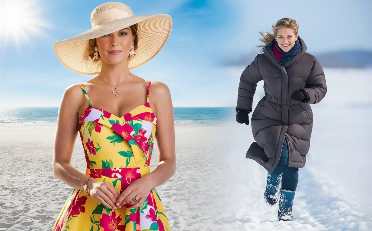 Kate Winslet in summer Outfit Portrait with Beach Background ,running, winter, heavy snow