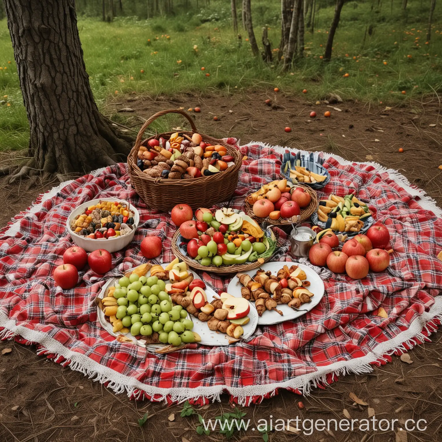 Сгенерируй изображение пикника в лесу. На земле должен располагаться большой ковер. На нем должны сидеть три человека. На ковре должна стоять тарелка с яблоками, шашлык, миска с фруктами.
