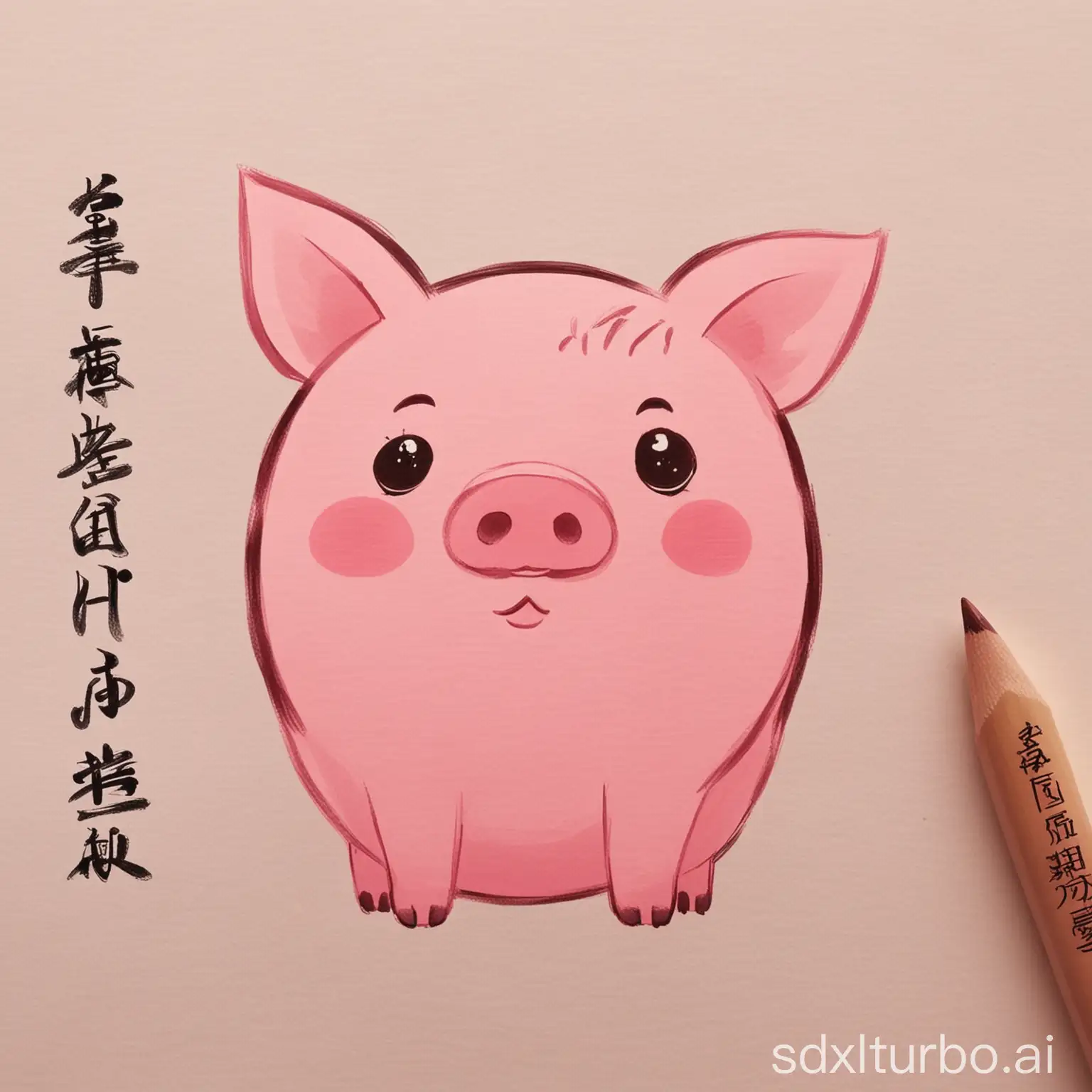 画一只粉色的猪，猪身上写“徐倩”两个字
