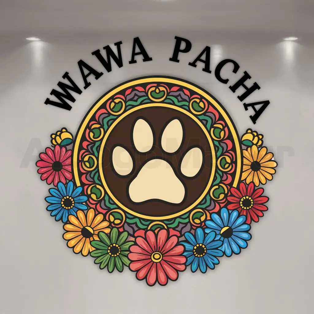 a logo design,with the text "WAWA PACHA", main symbol:circle incaic colors IN FLOWERSnpaw print IN THE CENTER,Moderate,clear background