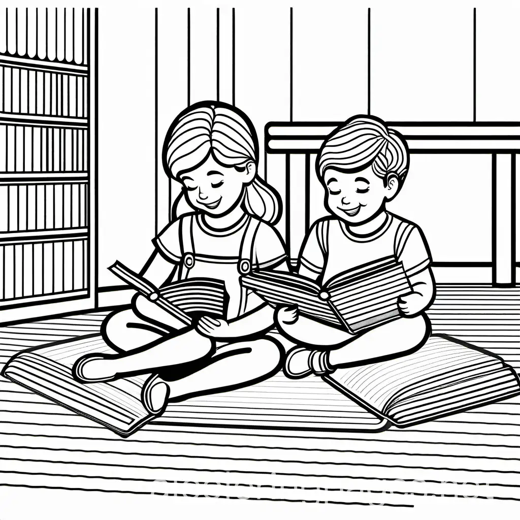 Children-Reading-Books-Coloring-Page-Simple-Line-Art-on-White-Background
