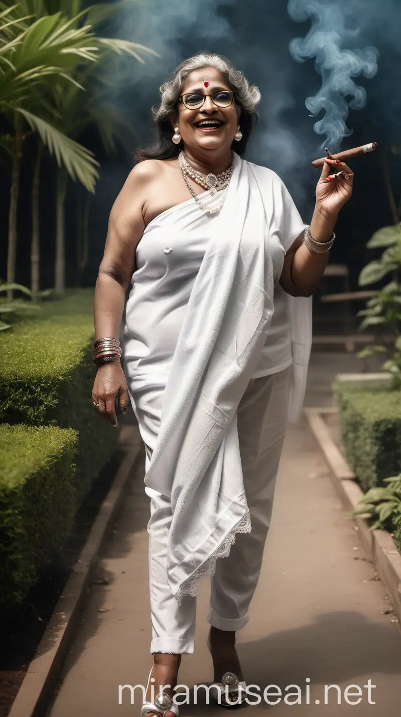 a indian mature  fat woman having big stomach age 49 years old attractive looks with make up on face ,binding her high volume hairs, wearing metal anklet on feet and high heels, smoking a burning cigar  in her hand , smoke is coming out from cigar  . she is happy and smiling. she is wearing pearl neck lace in her neck , earrings in ears, a power spectacles on her eyes and wearing a  white velvet towel on her body. she is walking a luxurious  garden with many cats in a garden and its day time time. show full body