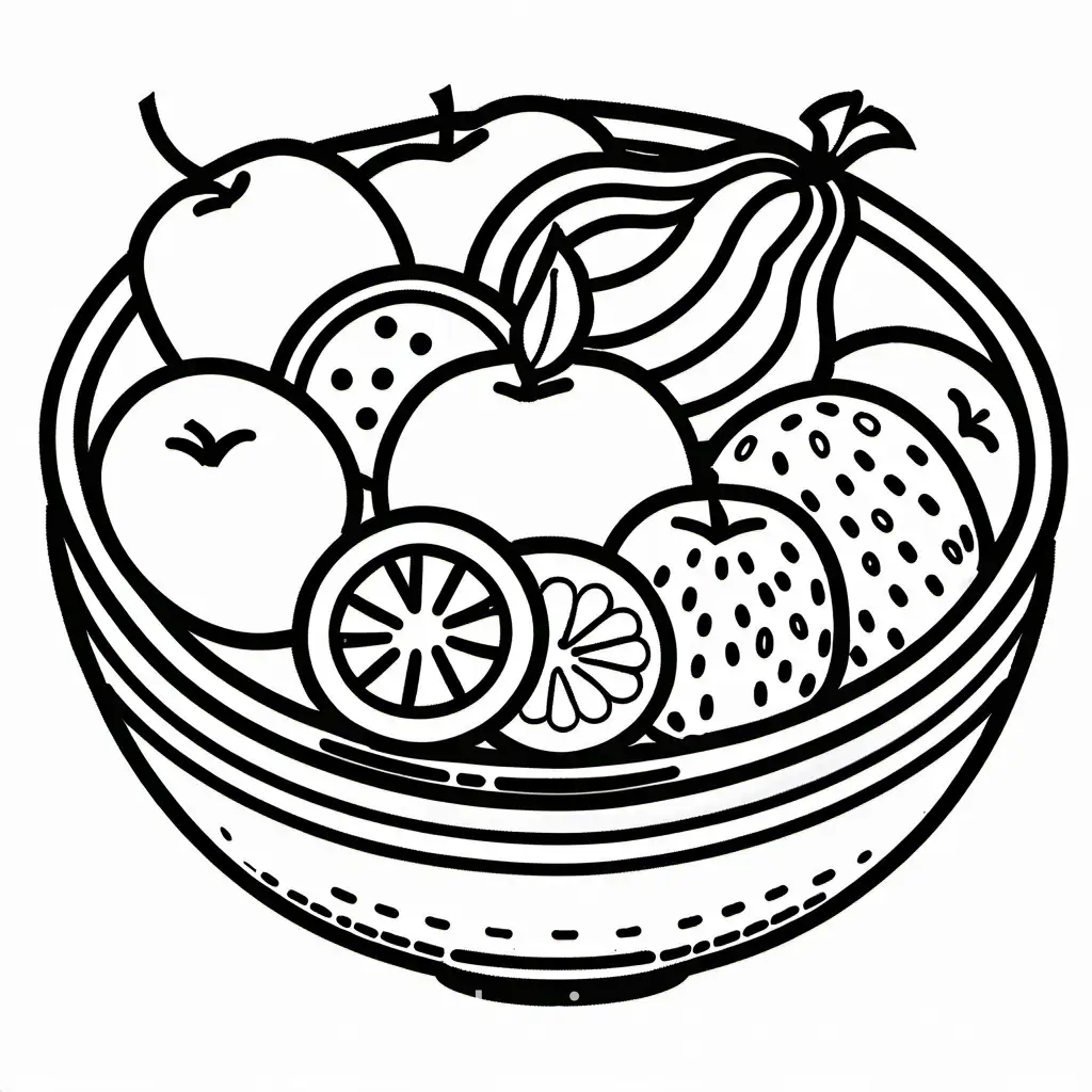 a bowl full of fruits
, Coloring Page, black and white, line art, white background, Simplicity, Ample White Space. The background of the coloring page is plain white to make it easy for young children to color within the lines. The outlines of all the subjects are easy to distinguish, making it simple for kids to color without too much difficulty