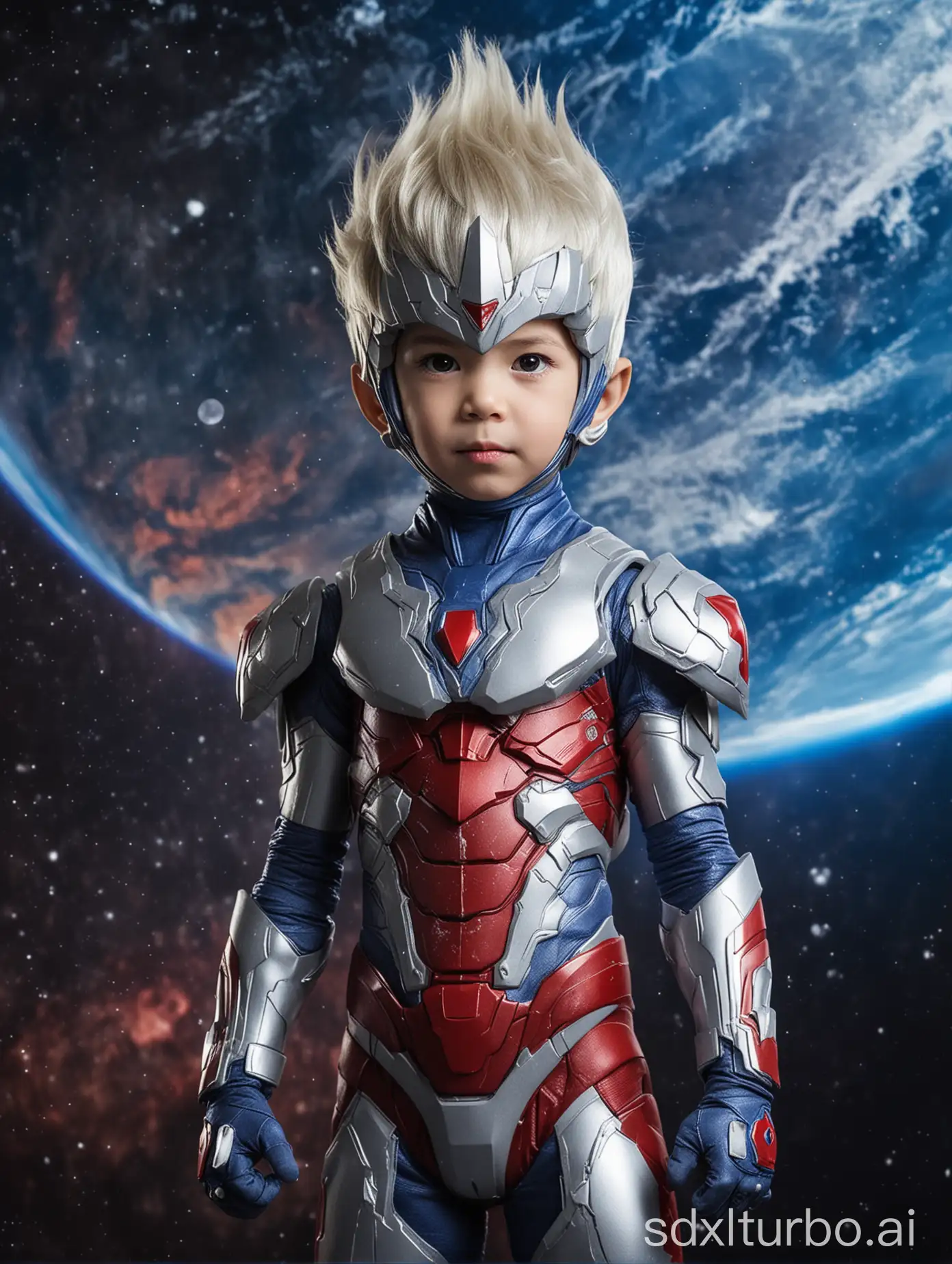 一个6岁小男孩，变身赛罗奥特曼，特撮服材质，能看见五官和头发，背景有蓝色星球和极光，
