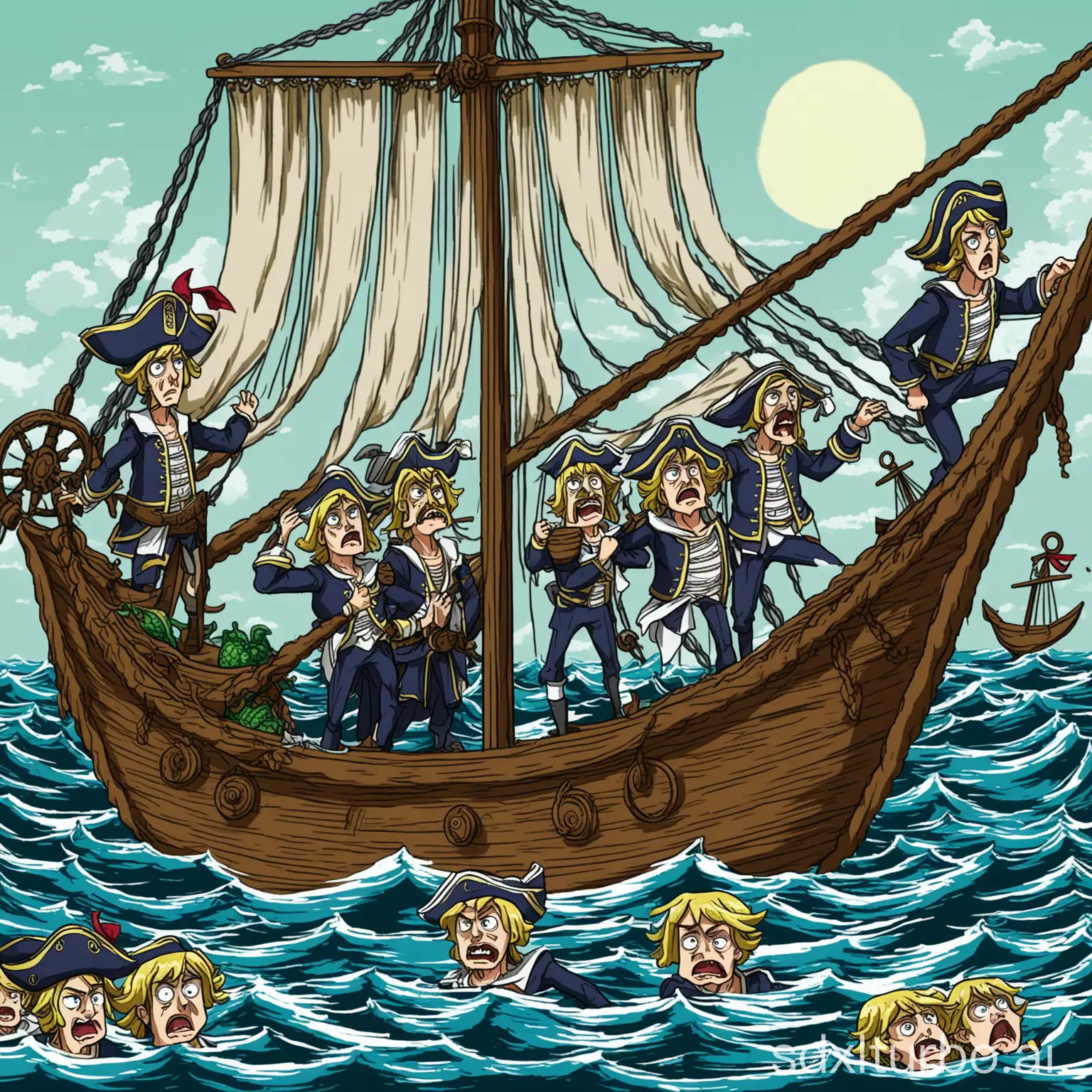 Draw an image of Columbus and his sailors suffering from scurvy on the sea, in a two-dimensional anime style.