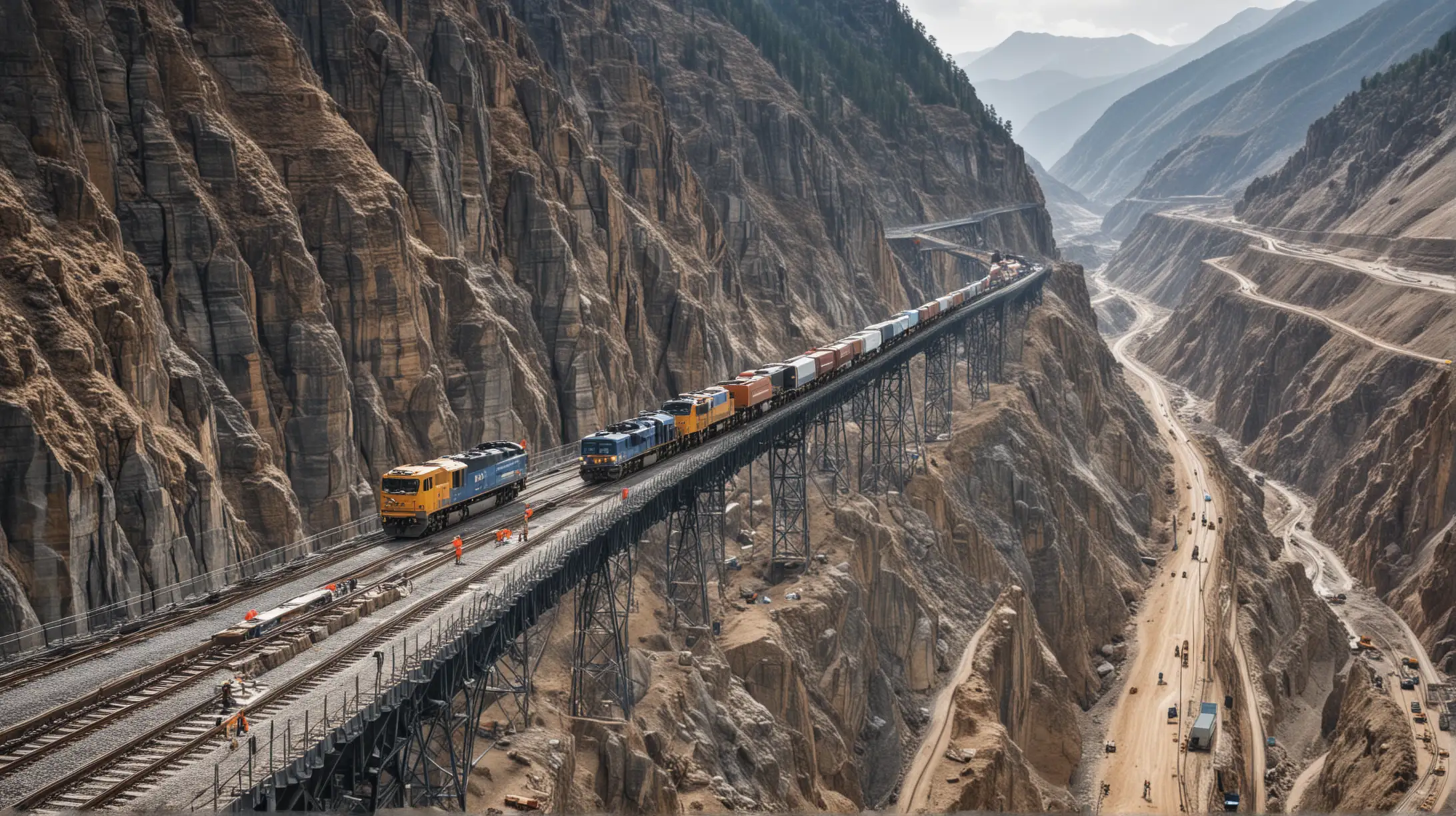 world's largest and highest, COMPLEX rail line construction in the hard mountains with machines, drillings tough mountains and workers , machines