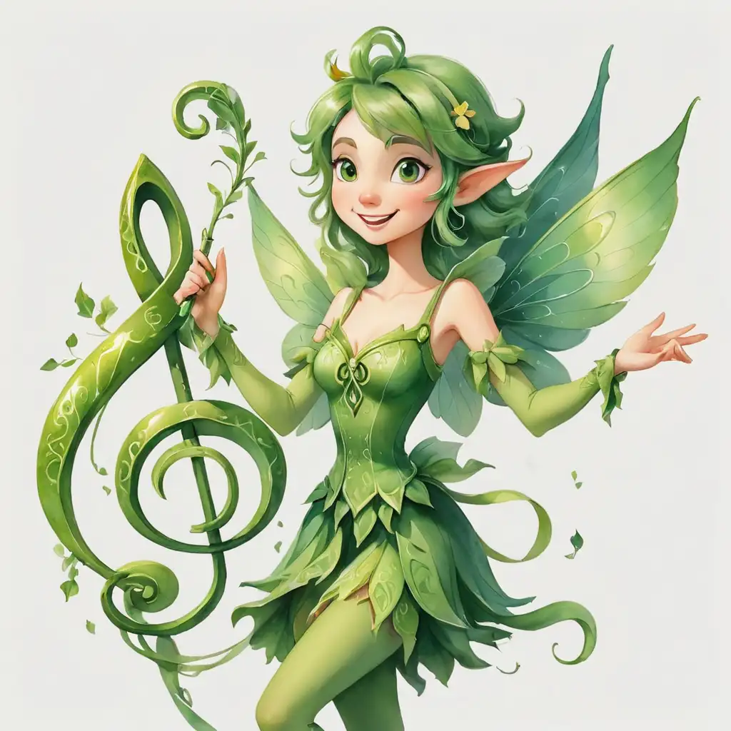 akvarel ilustrace, jedná se o houslový klíč v podobě pohádkové kouzelné postavě, skřítek, která zpívá, je veselá a roztomilá, pohádková postava jménem houslový klíč, barva zelená, bílé pozadí
