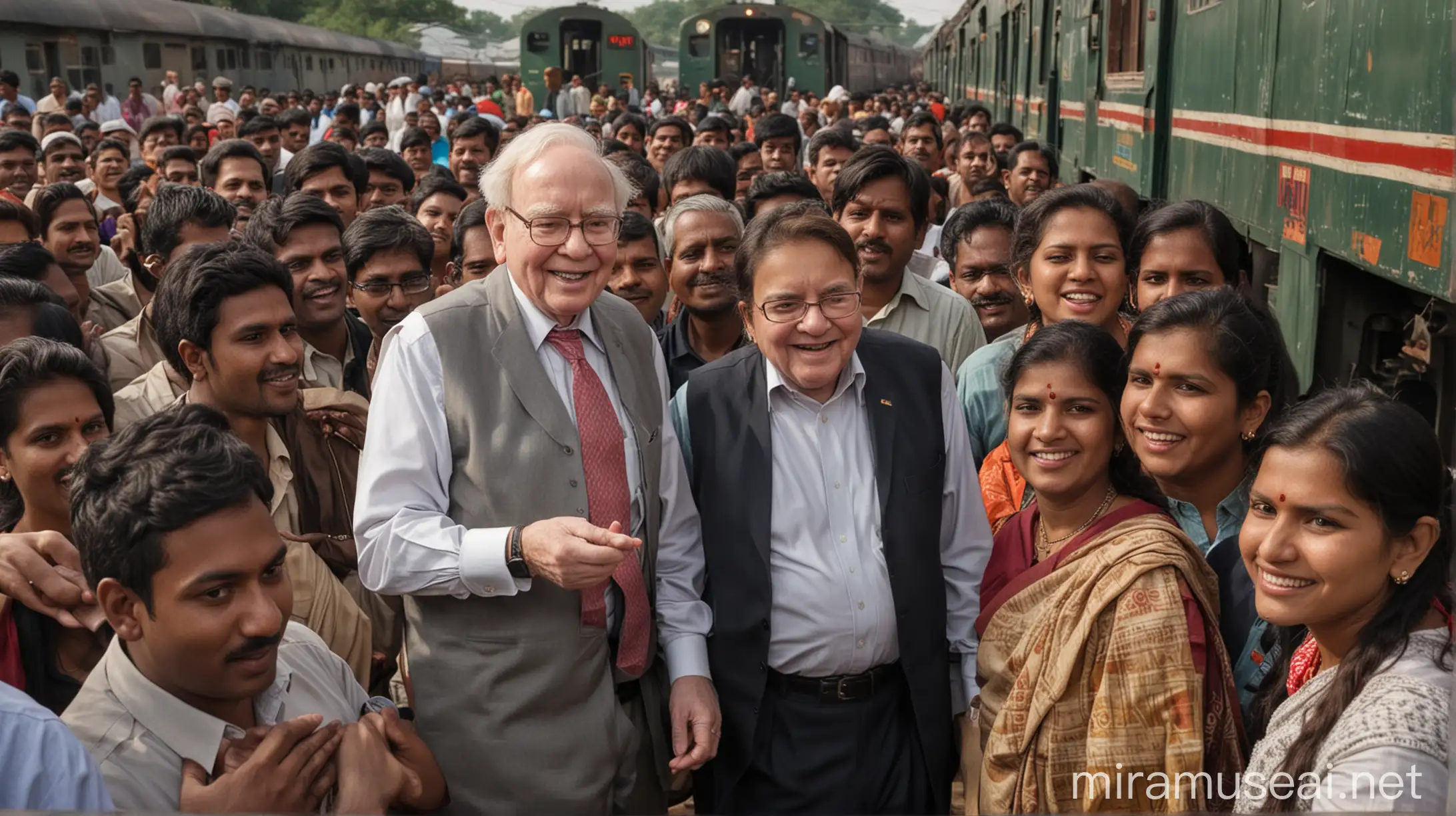 Warren Buffett  traveling in a local Indian train, surrounded by Indian people. Capture the essence of cultural exchange and Warren Buffett 's immersion in the local Indian experience