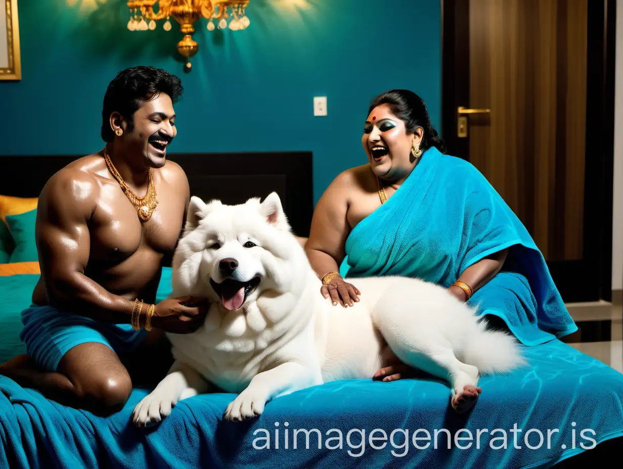 a 23 years indian muscular man with bull head is sitting with a 53 years indian mature fat woman with makeup wearing earrings and gold ornaments with boob cut style. both are wearing wet neon blue bath towel and in a luxurious bed room, and are happy and laughing. and a Samoyed Dog breed is near them. they are in a big luxurious home. its a night time and lights are there. its raining. they are drinking Whiskey.