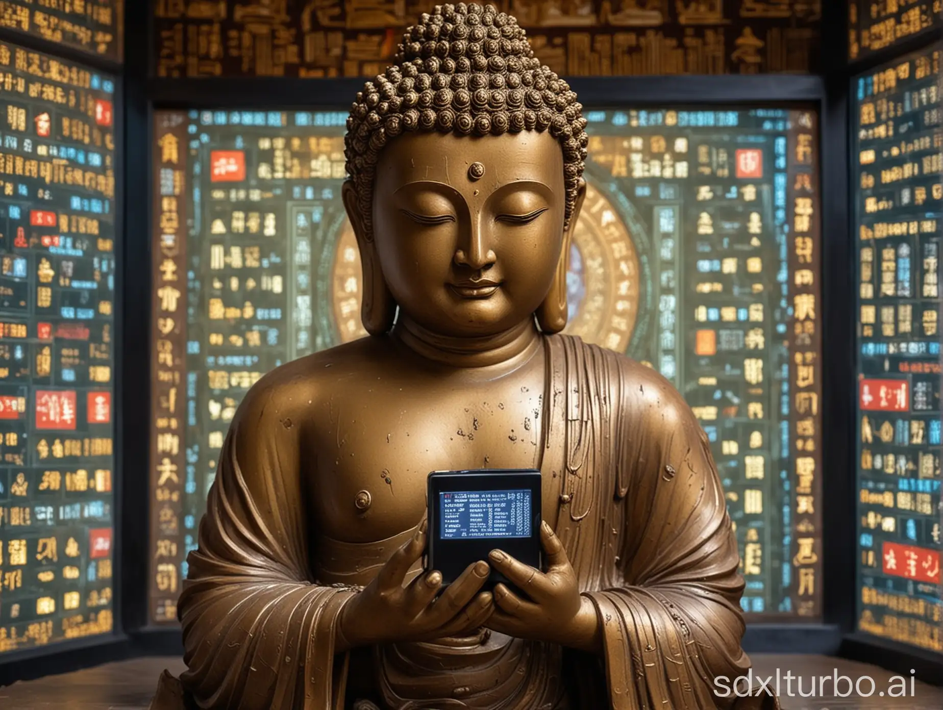Buddha statue has an electronic screen in its hand, surrounded by electronic information