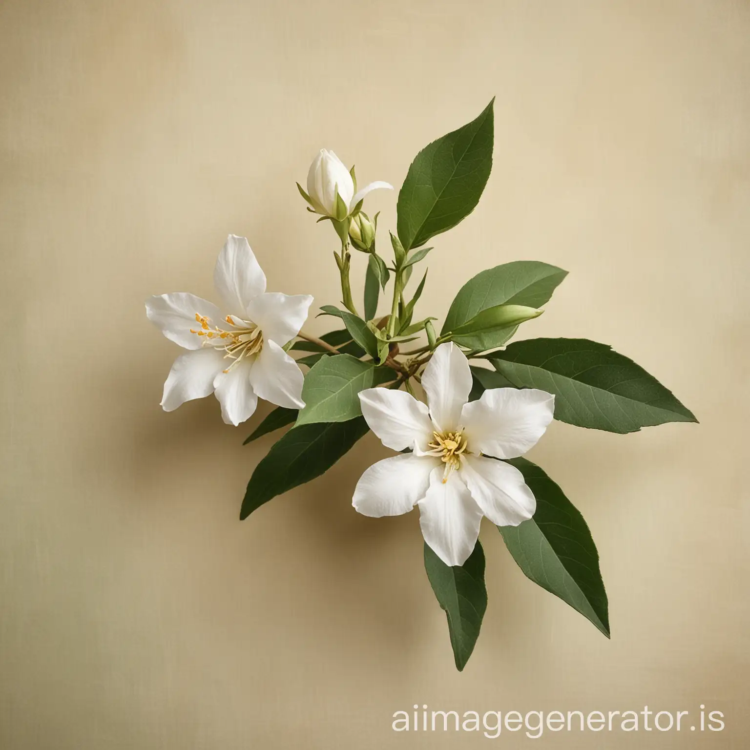 Delicate-Jasmine-Flower-Blossoming-Against-Tropical-Beige-and-Sage-Background