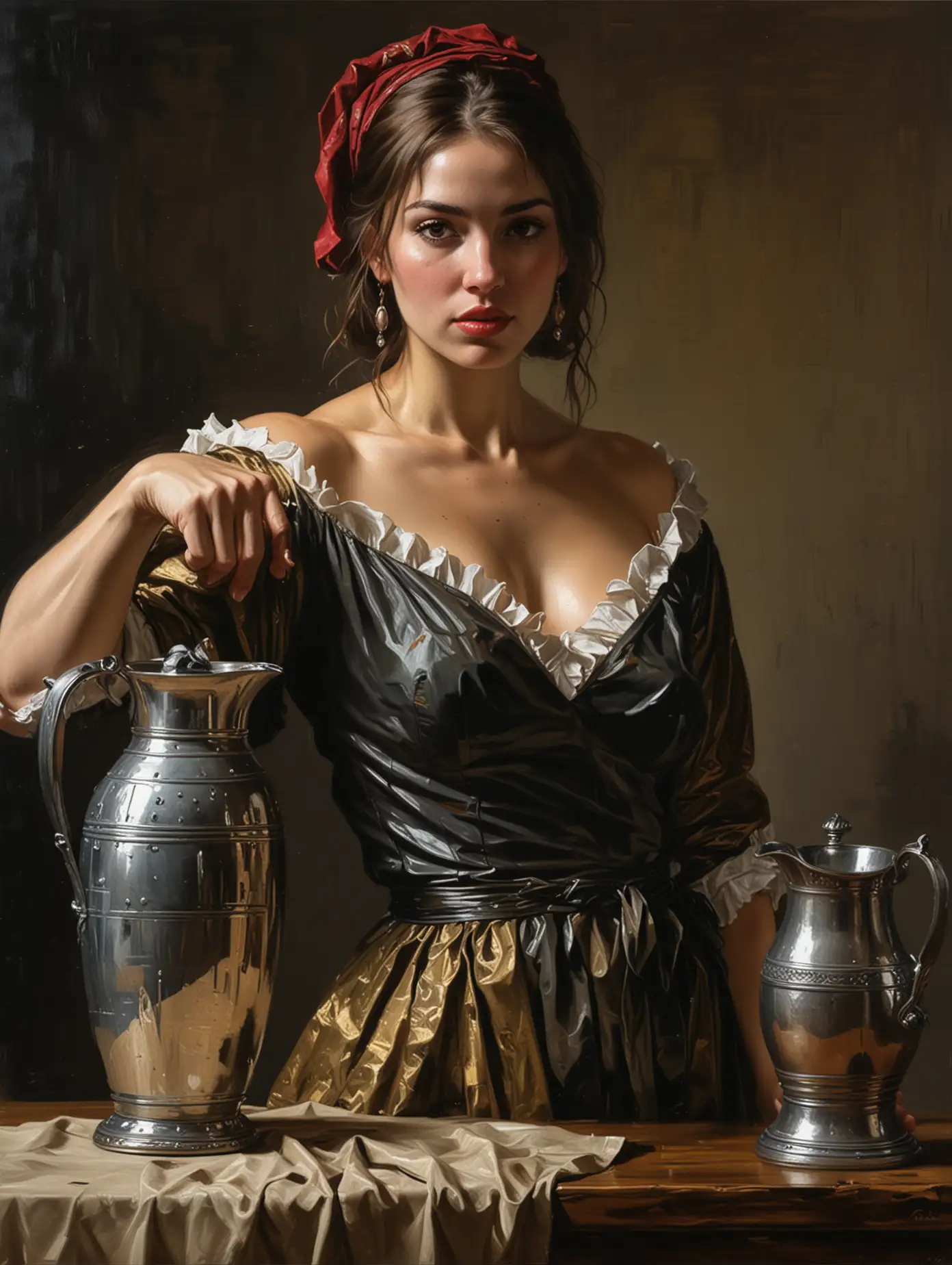 Expressive Painting of Scantily Clad Young Woman with Water Pitcher in Fabian Perez Style