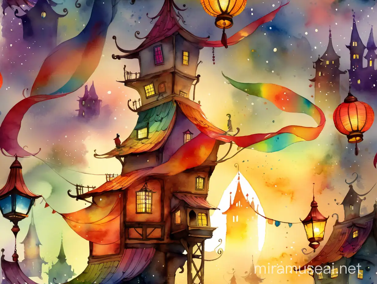Colorful Cityscape Artists Garret with Lantern and Wind