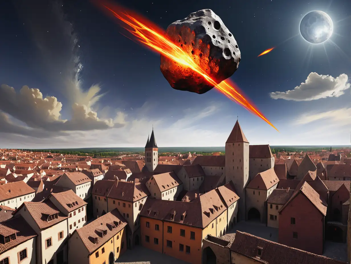 большой огненный метеорит летит на средневековый город