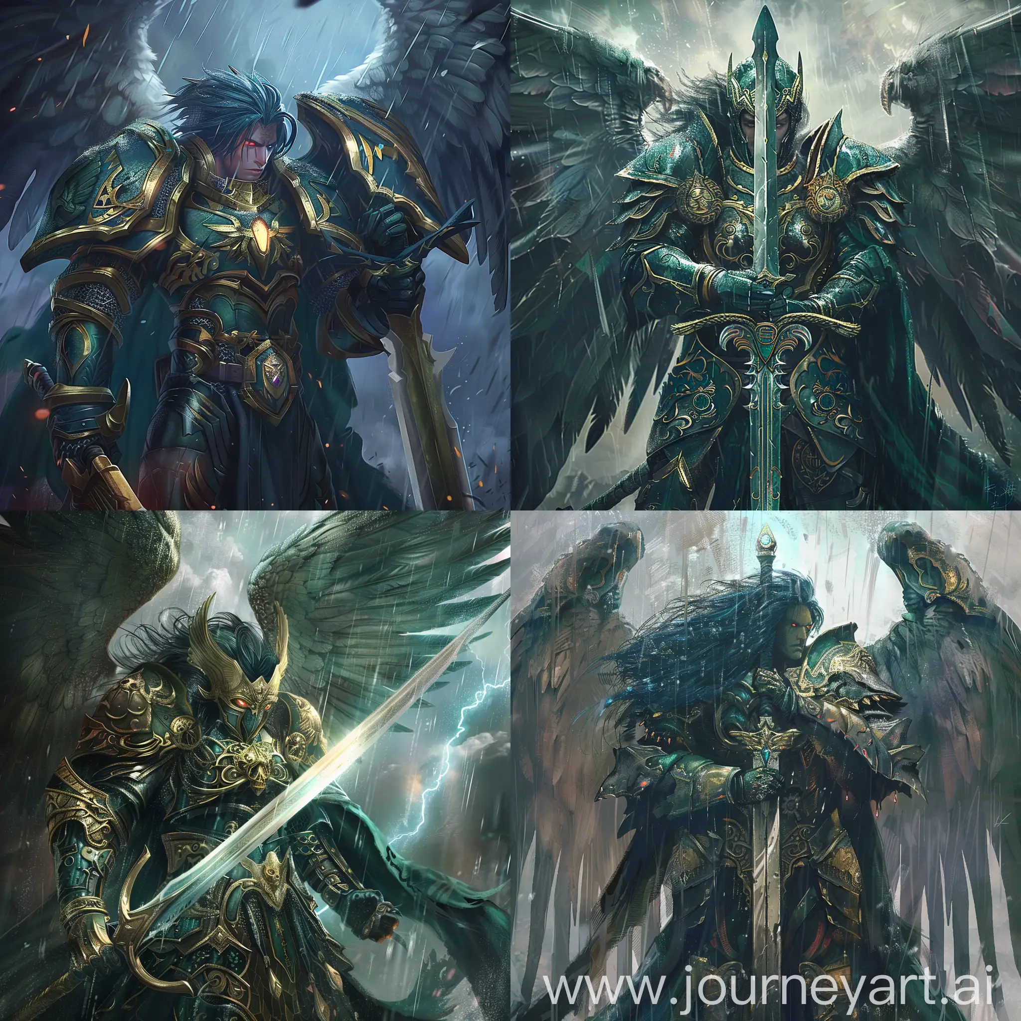 A warrior with powerful battle armor and wings. He is wearing dark green combat armor with gold decorations and details. Argus wings have a silvery hue and look very massive. His hair is dark blue in color, and his eyes glow with a bright red light, which gives him an angelic appearance, but at the same time demonstrates his fighting power. He holds a huge sword in his hands, which emphasizes his fighting skills and strength.His head is in a helmet, which is why his face is not visible.He is looking into the distance in the rain Rear view