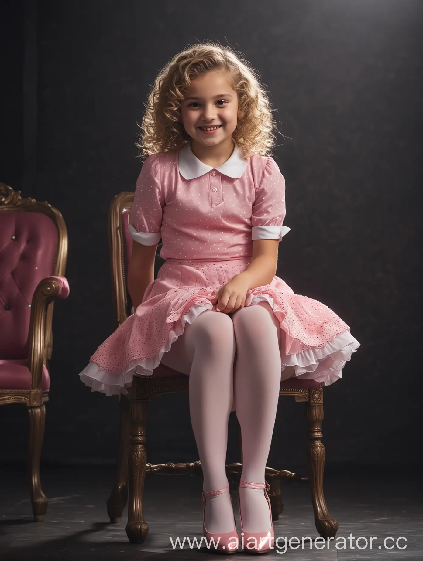 a little girl, 12 years old, elegant pose, sits on the chair, on the stage, cinematic, high quality, dark roots blonde curly hair, pink spotted white opaque tights, so mini skirt, high heels, indian, tight low cut shirt, smile