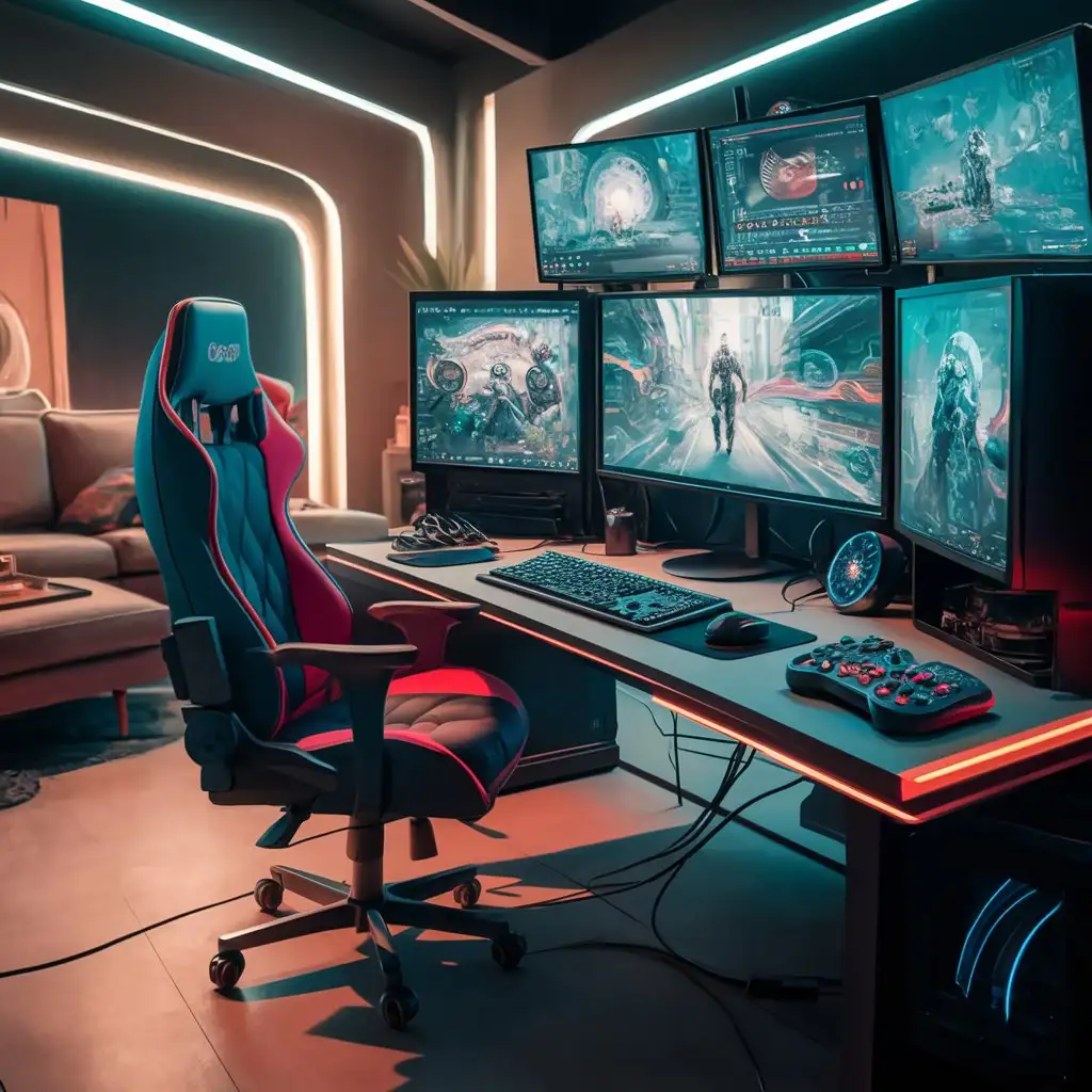 Gamer-Scene-with-Computer-and-Controller-Virtual-Reality-Gaming-Setup