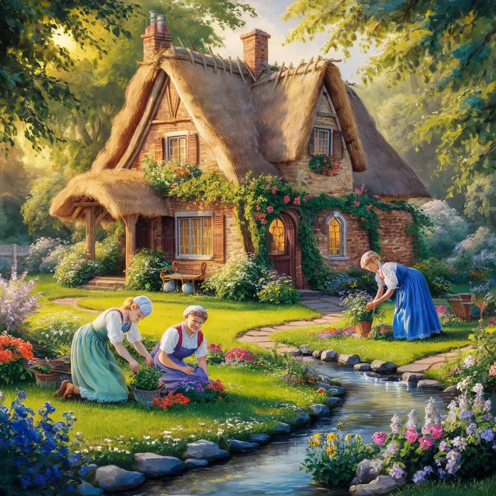 Thomas Kinkade style cottage and garden with a stream running through. women are living and working together there. the image is in a traditional European painted style