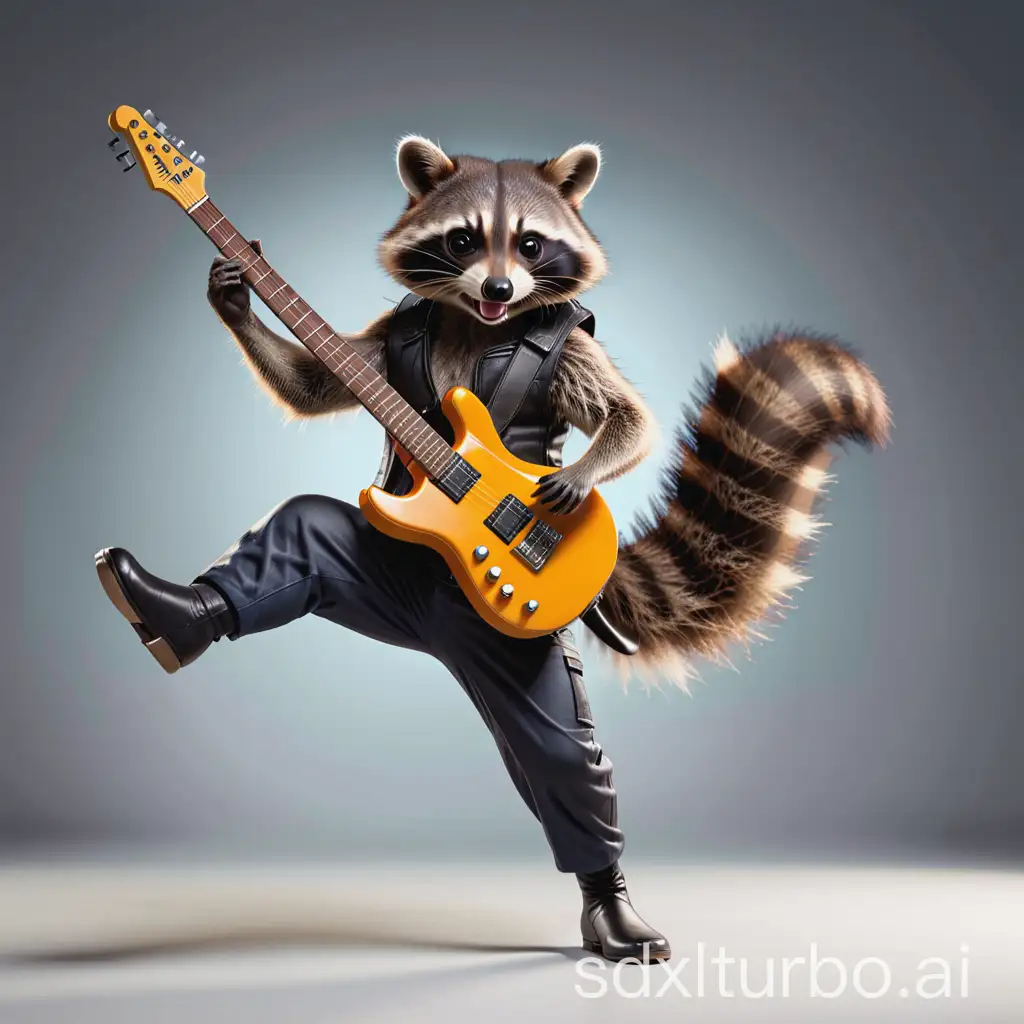 A Raccoon holding an electric guitar in a full body portrait is doing a rear back swinging kung fu kick with his left boot high into the air. This is a full body photo realistic high resolution image with sharp clean subject focus
