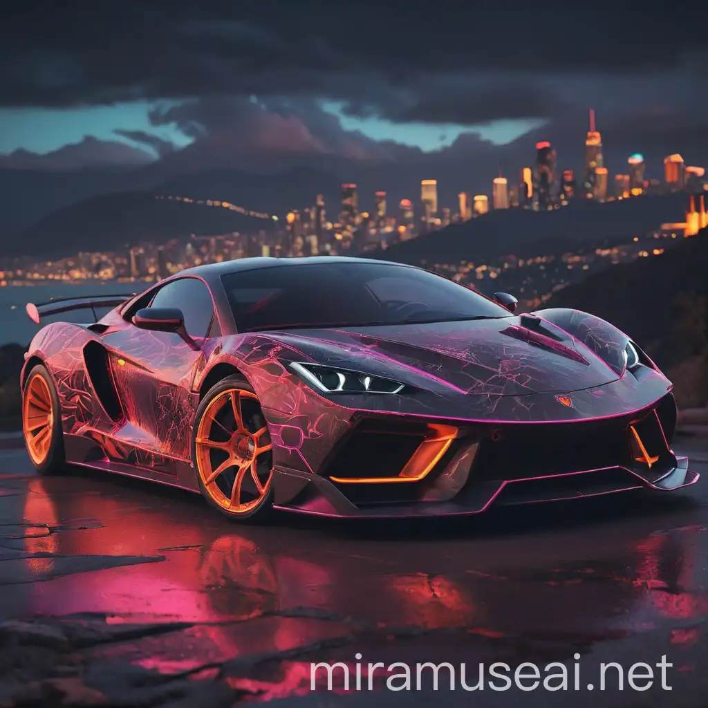 a super detailed neon supercar with breathtaking view as background