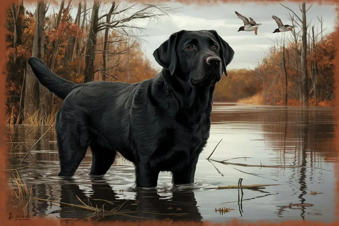 Black Labrador Retriever Sketch Illustration in Flooded Timber Watching Ducks in the Sky