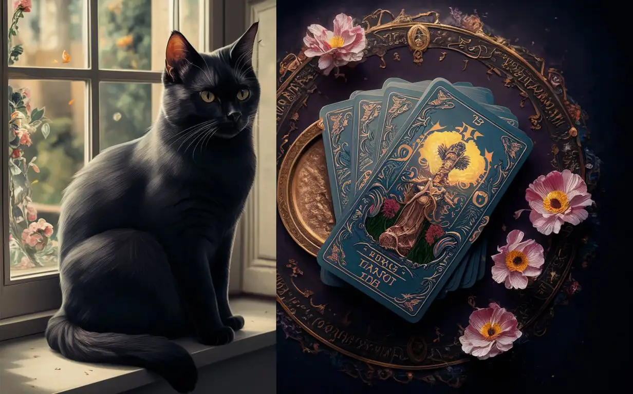 Black-Cat-Sitting-by-Window-with-Tarot-Cards-and-Flowers