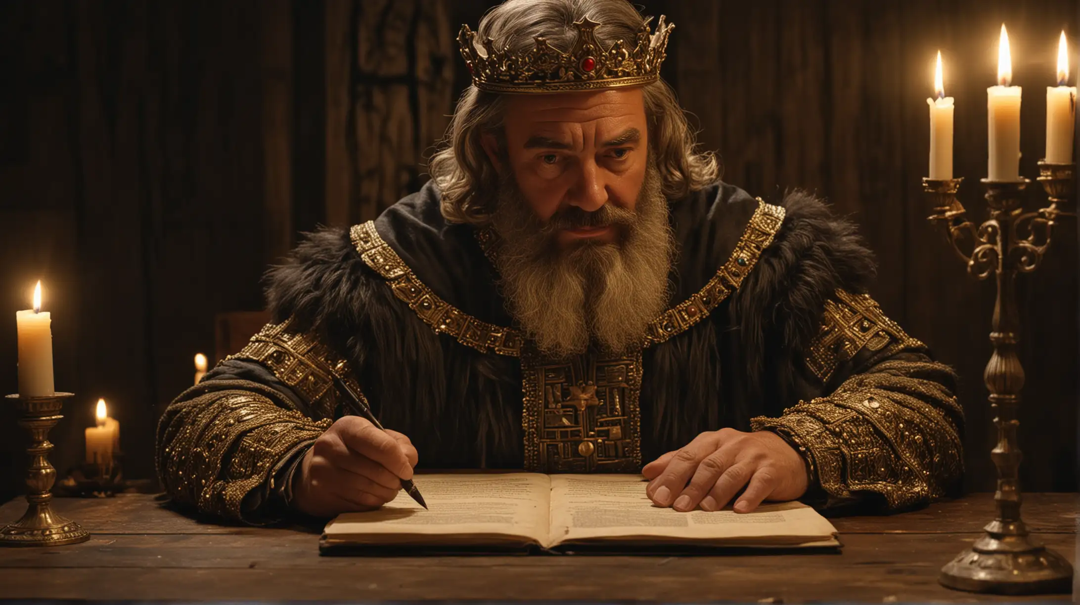 a closeup of a middle aged  King Artaxerxes from the Bible, Sitting at a wooden table by candlelight, writing on a letter.