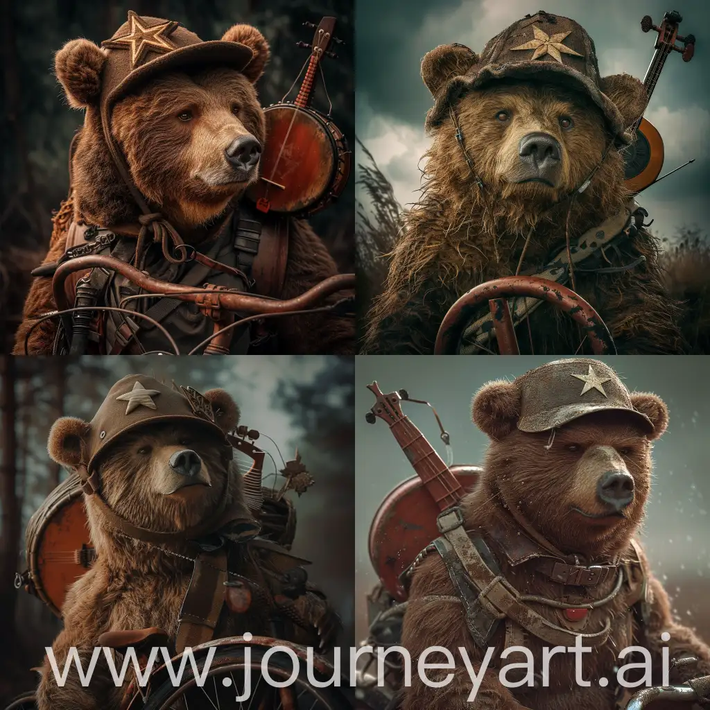 An image of a brown bear in a hat with earflaps with a star on an old rusty bicycle, a balalaika on a belt behind his back, an evil look, Dutch angle, close shot, dslr camera, cinematic, sharp focus, gloomy tones, --stylize 1000