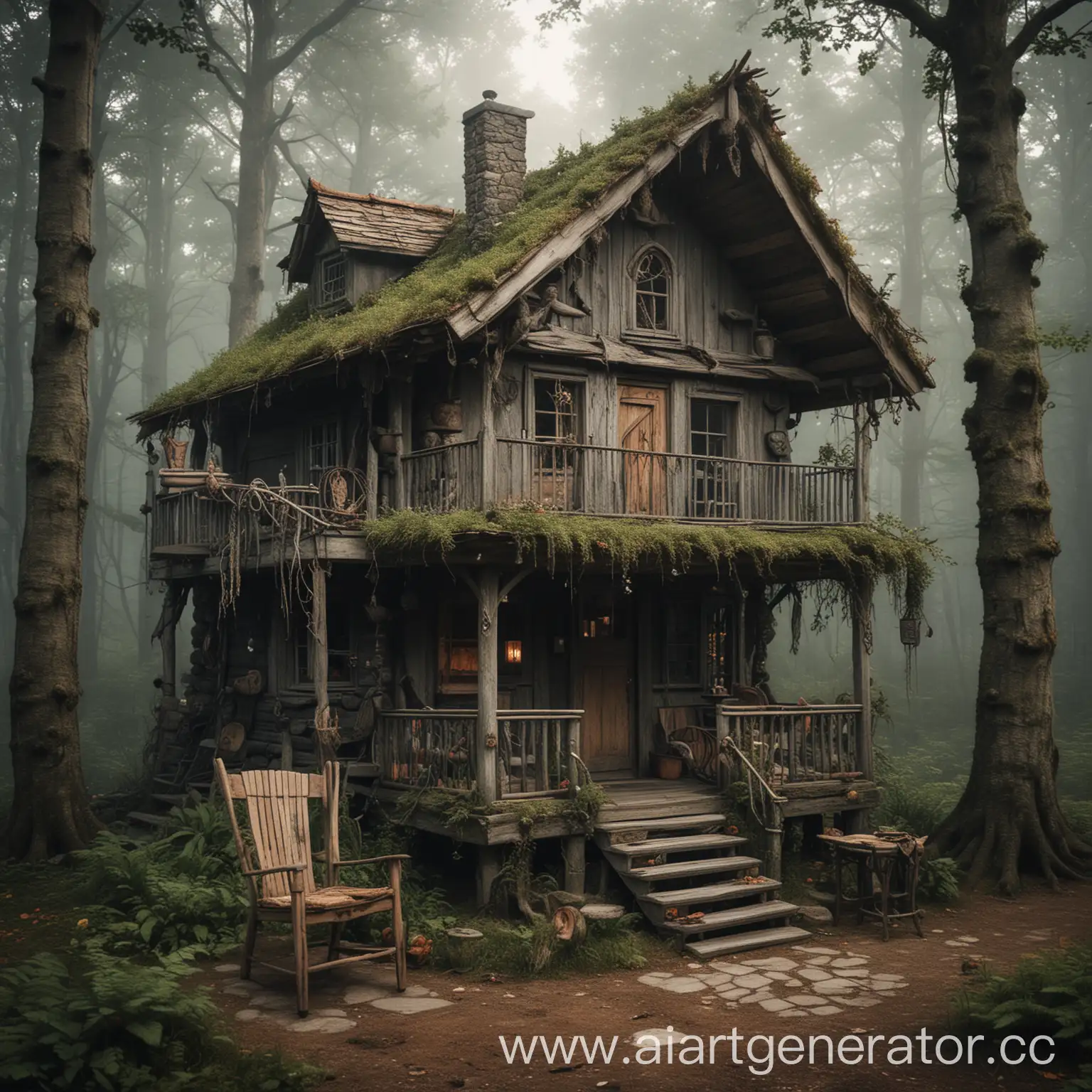 Небольшой дом лесной волшебницы с креслом на крыльце
