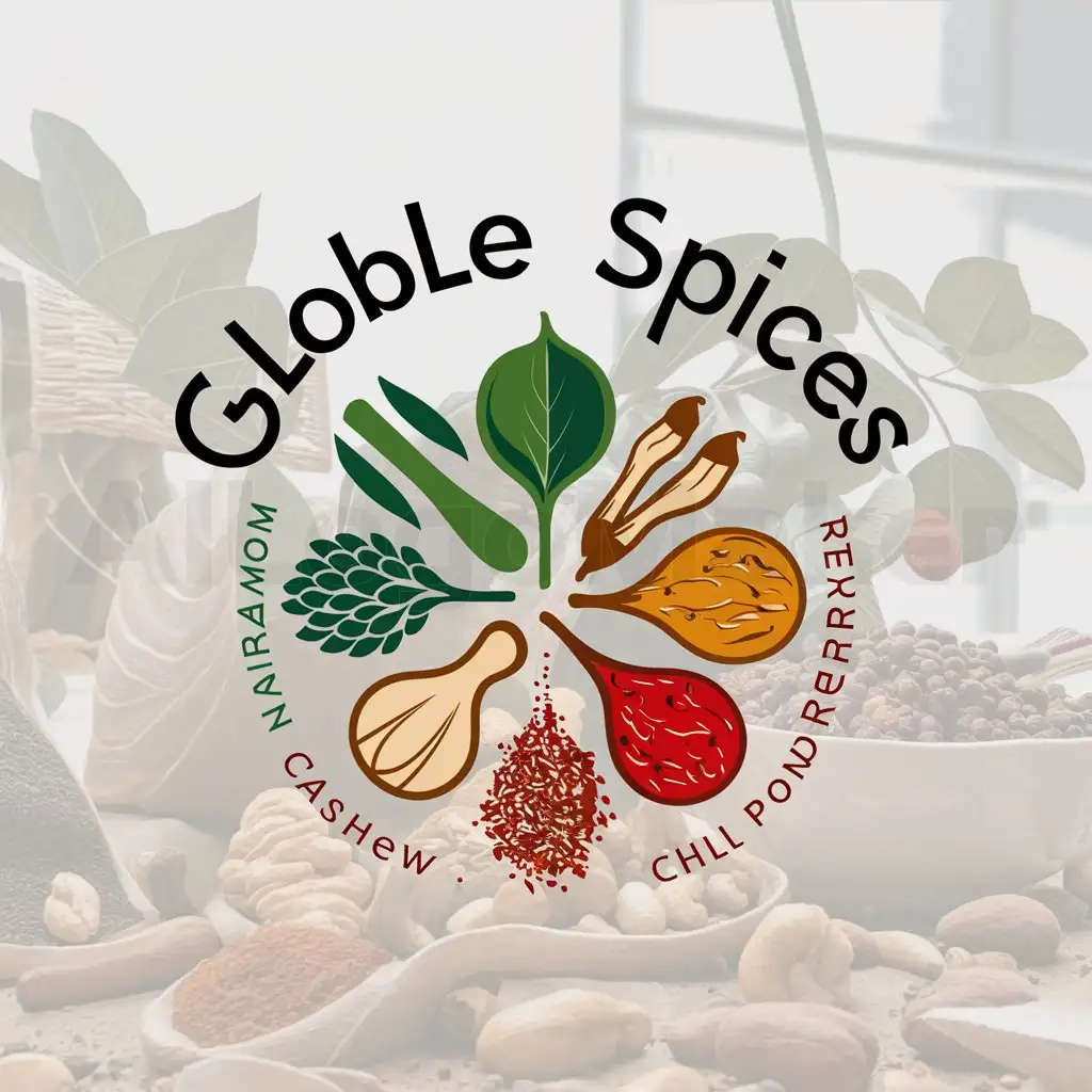 a logo design,with the text "Globle Spices", main symbol:cardamom cloves cashew pepper chili powder,Moderate,be used in Others industry,clear background
