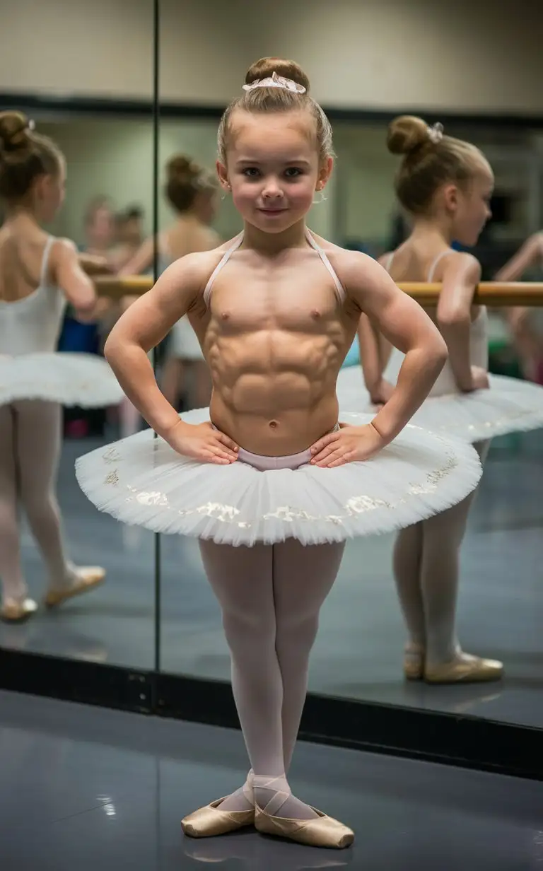  8 years old russian ballerina, muscular, showing her belly, at ballet class