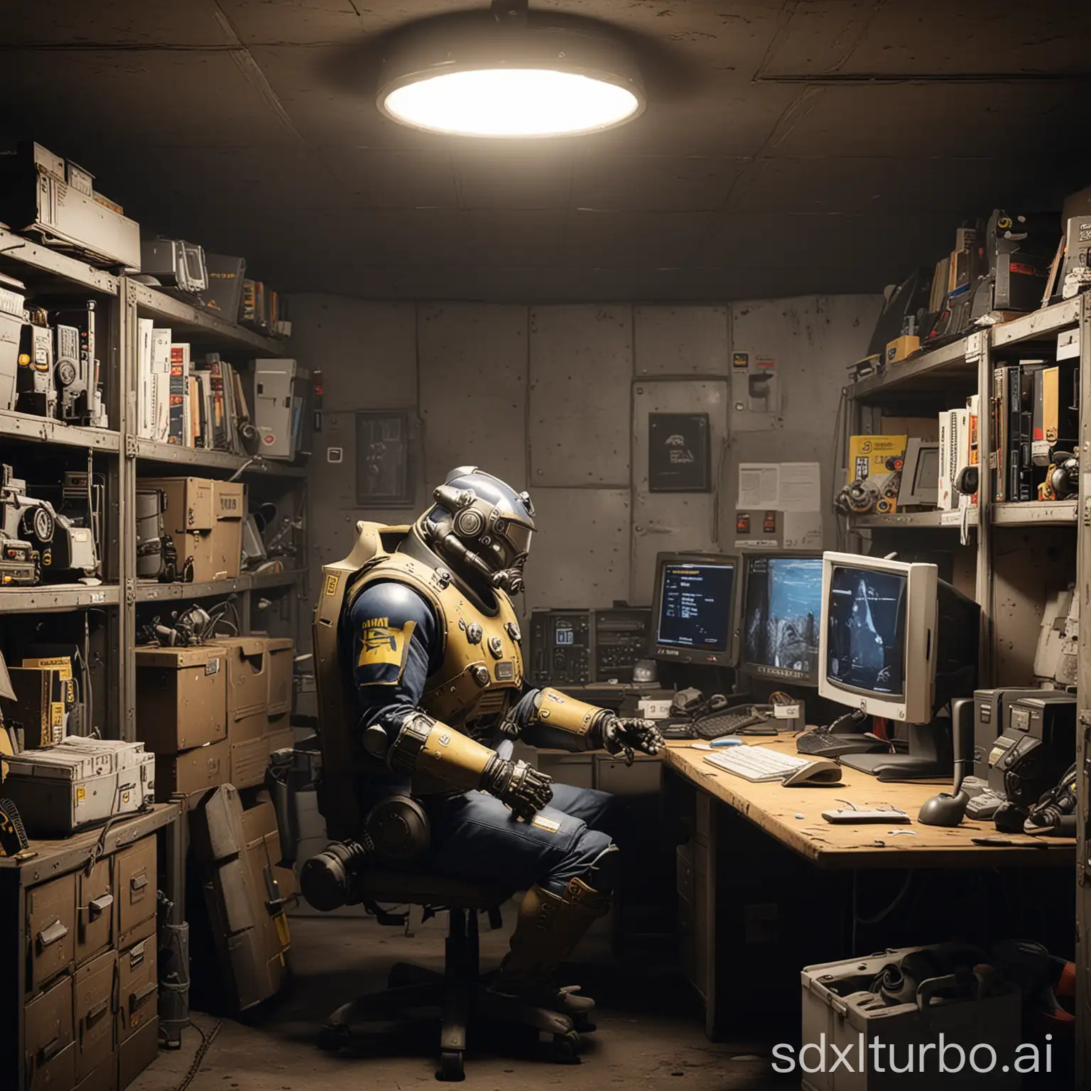 an ikea employee working in a fallout 76 bunker, power armor, computer game shelter